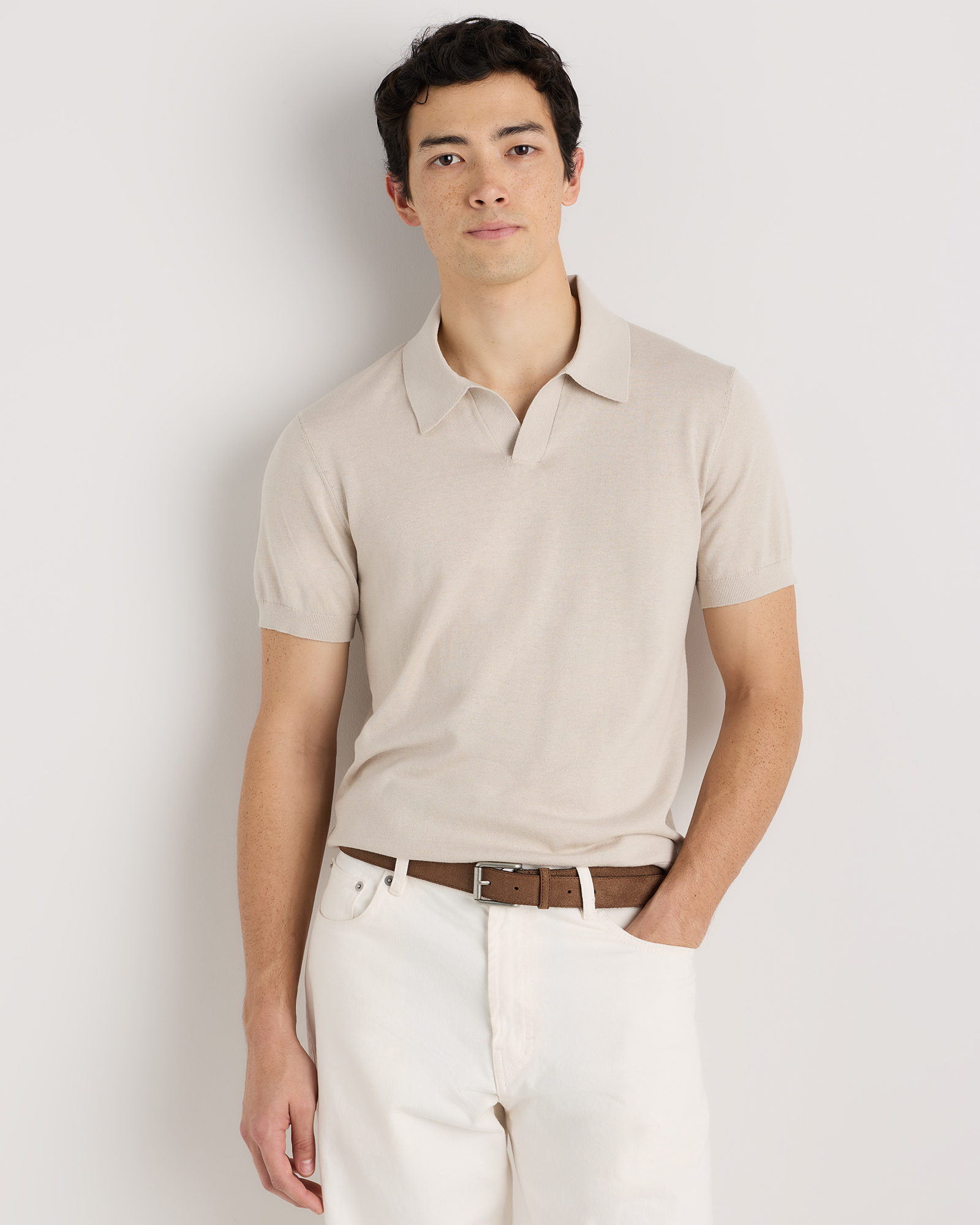 Speckled Beige Cotton-Silk Johnny Collar Polo