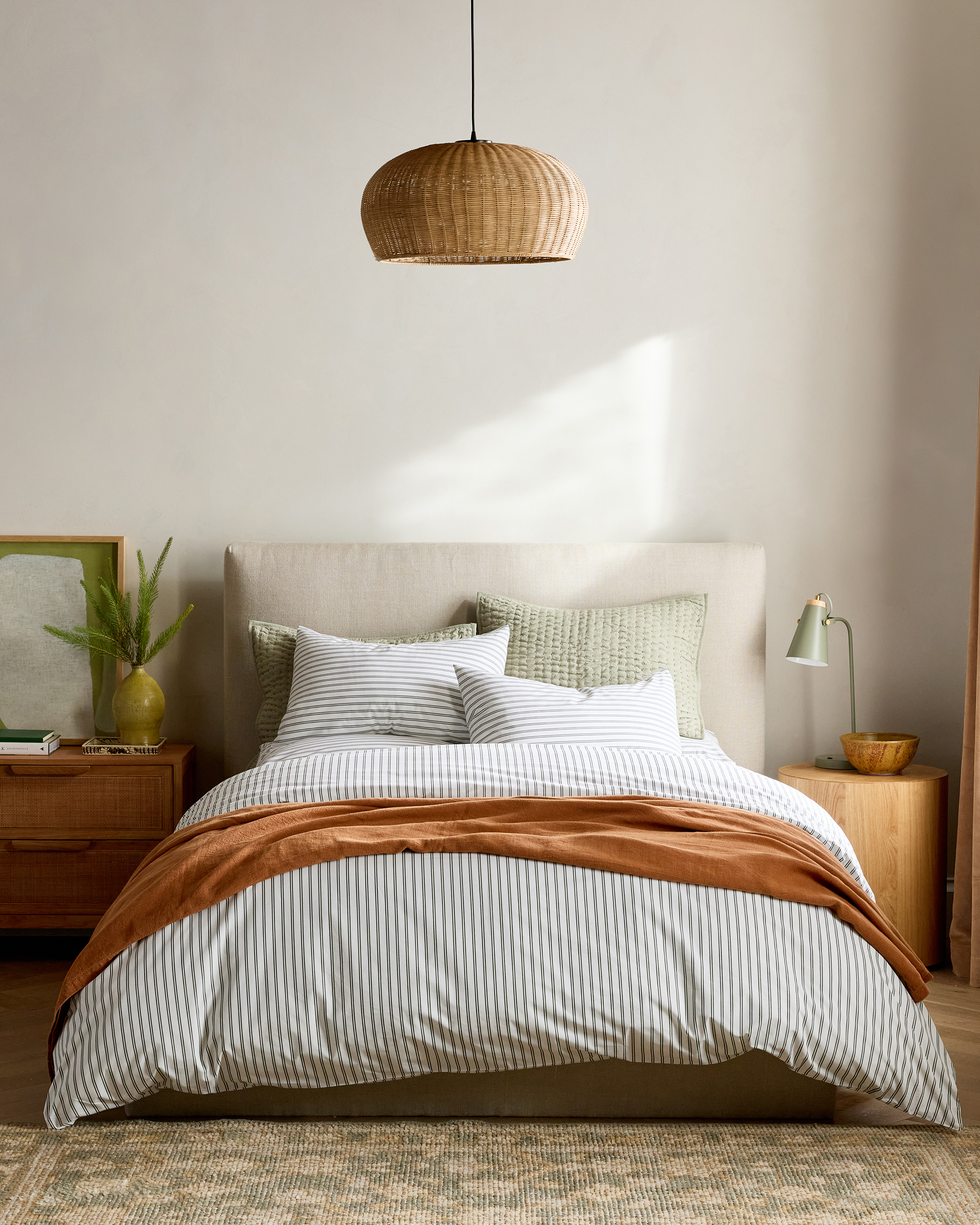 White/Pine Ensemble de literie de luxe en percale biologique classique à rayures doubles