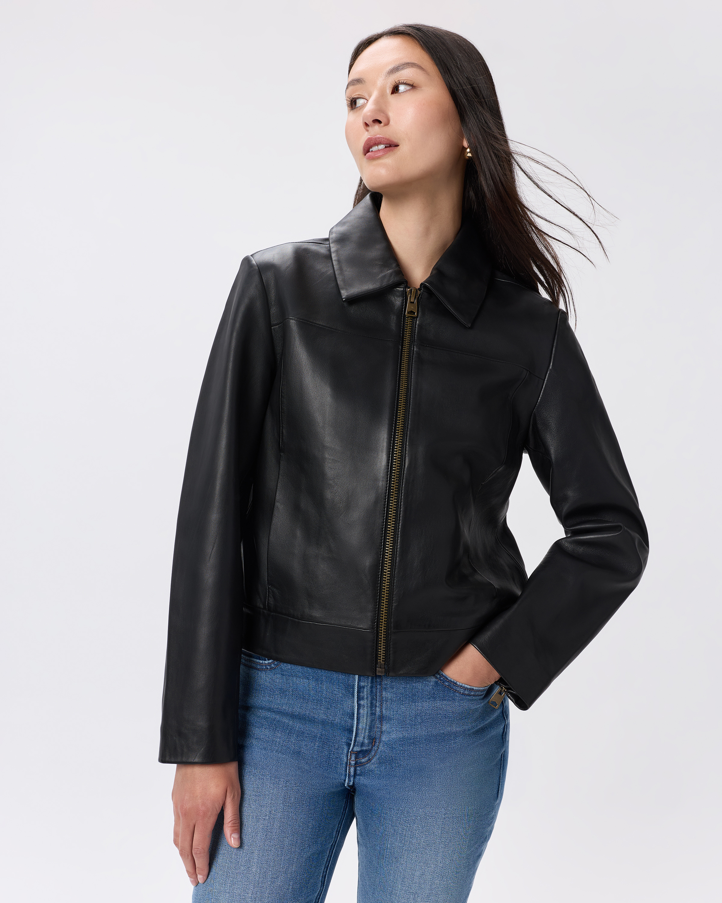100% Leather Cropped Zip-Front Jacket