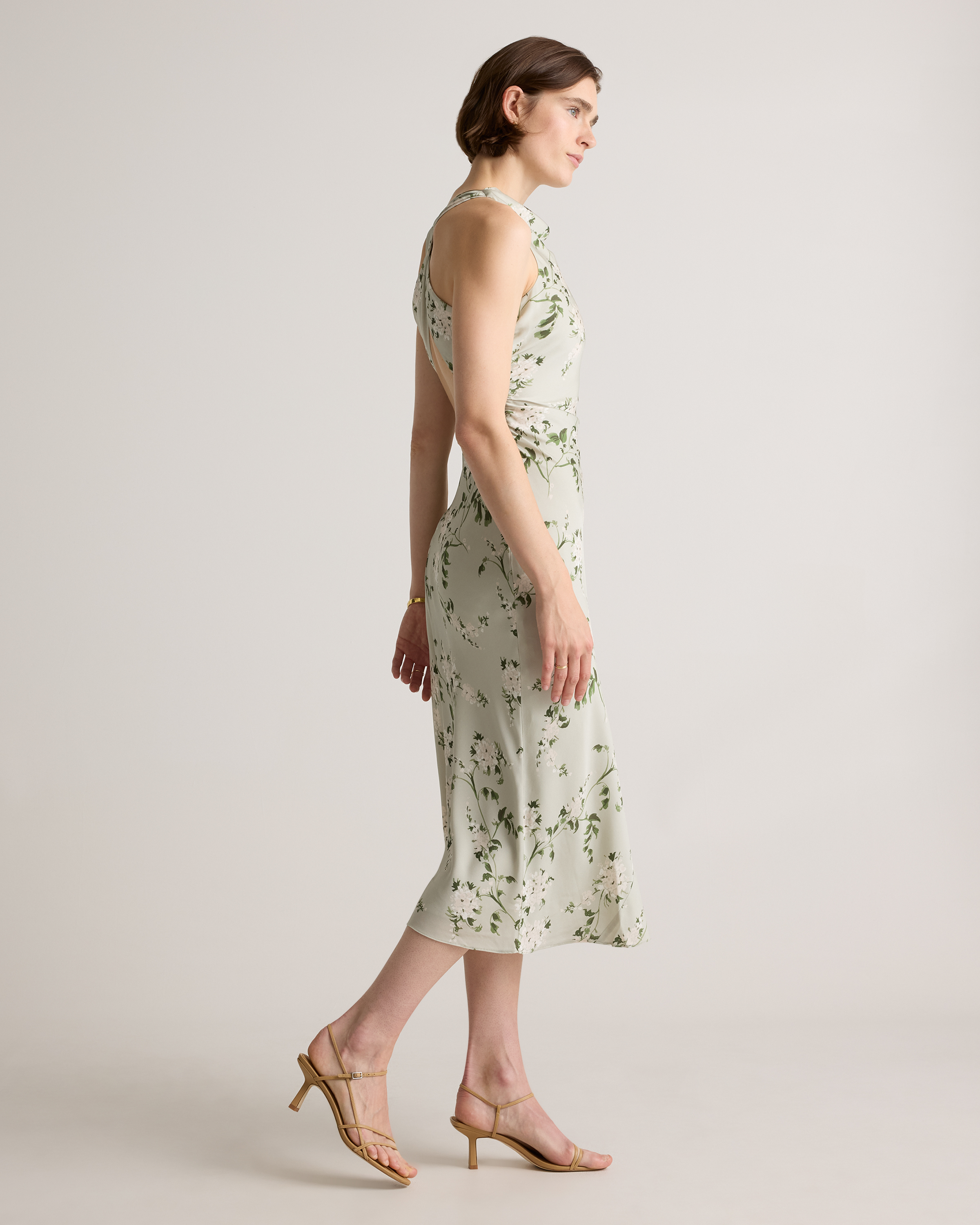 Washable Stretch Silk High Neck Midi Dress in Jasmine Vines