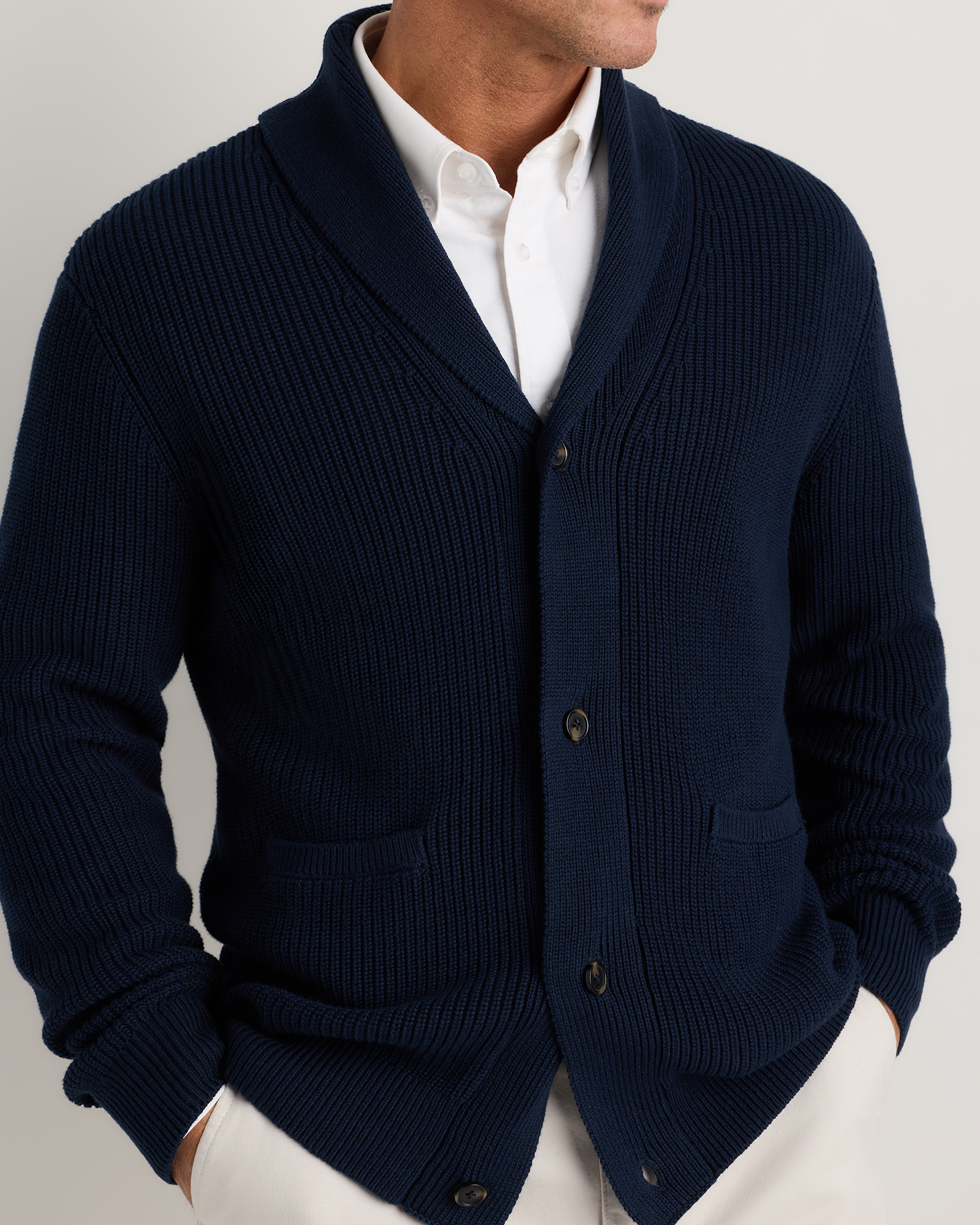 Men's 100% Organic Cotton Ribbed Shawl-Collar Cardigan Sweater in Navy