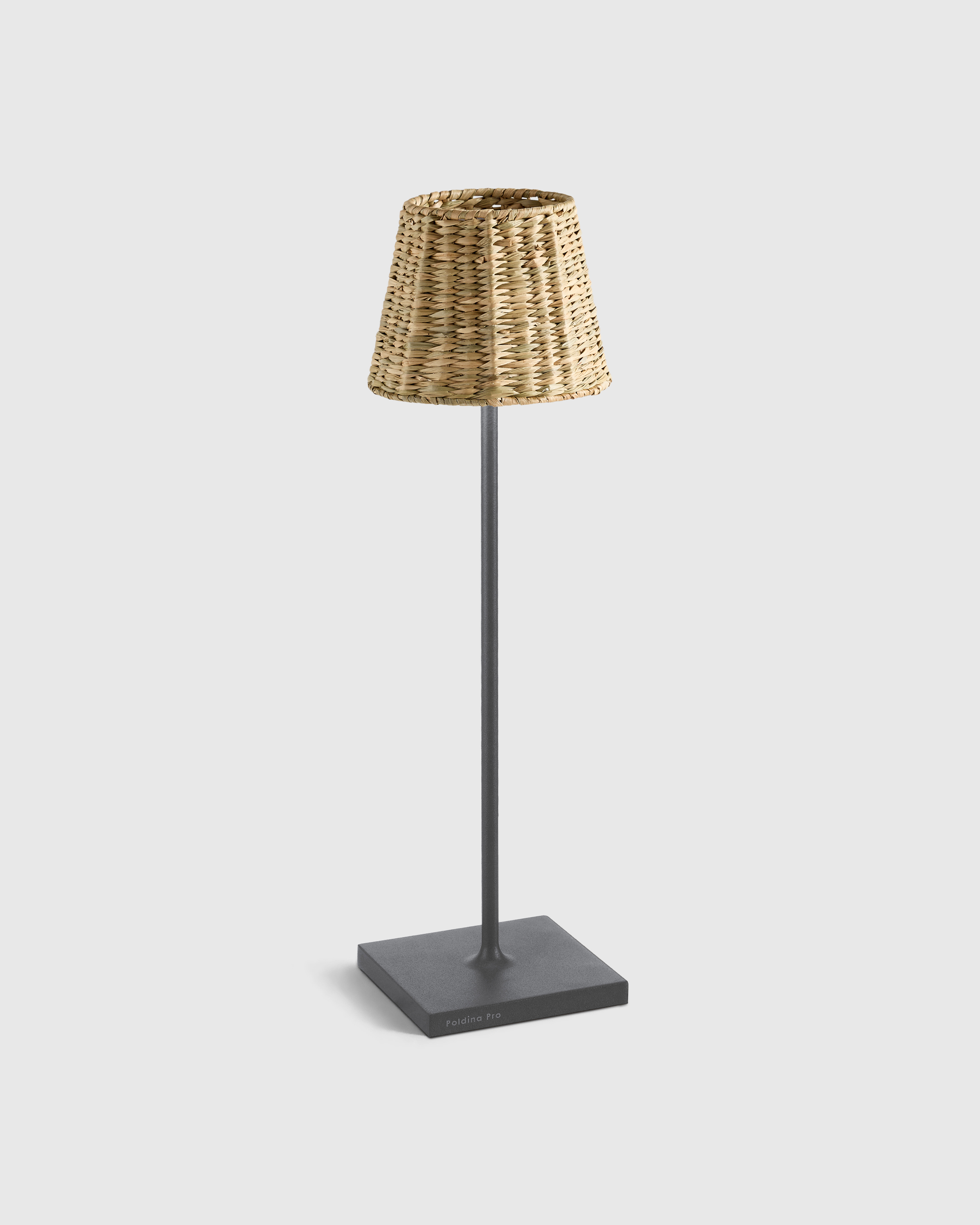 Dark Grey Poldina Pro Rechargeable Table Lamp with Seagrass Shade by Zafferano