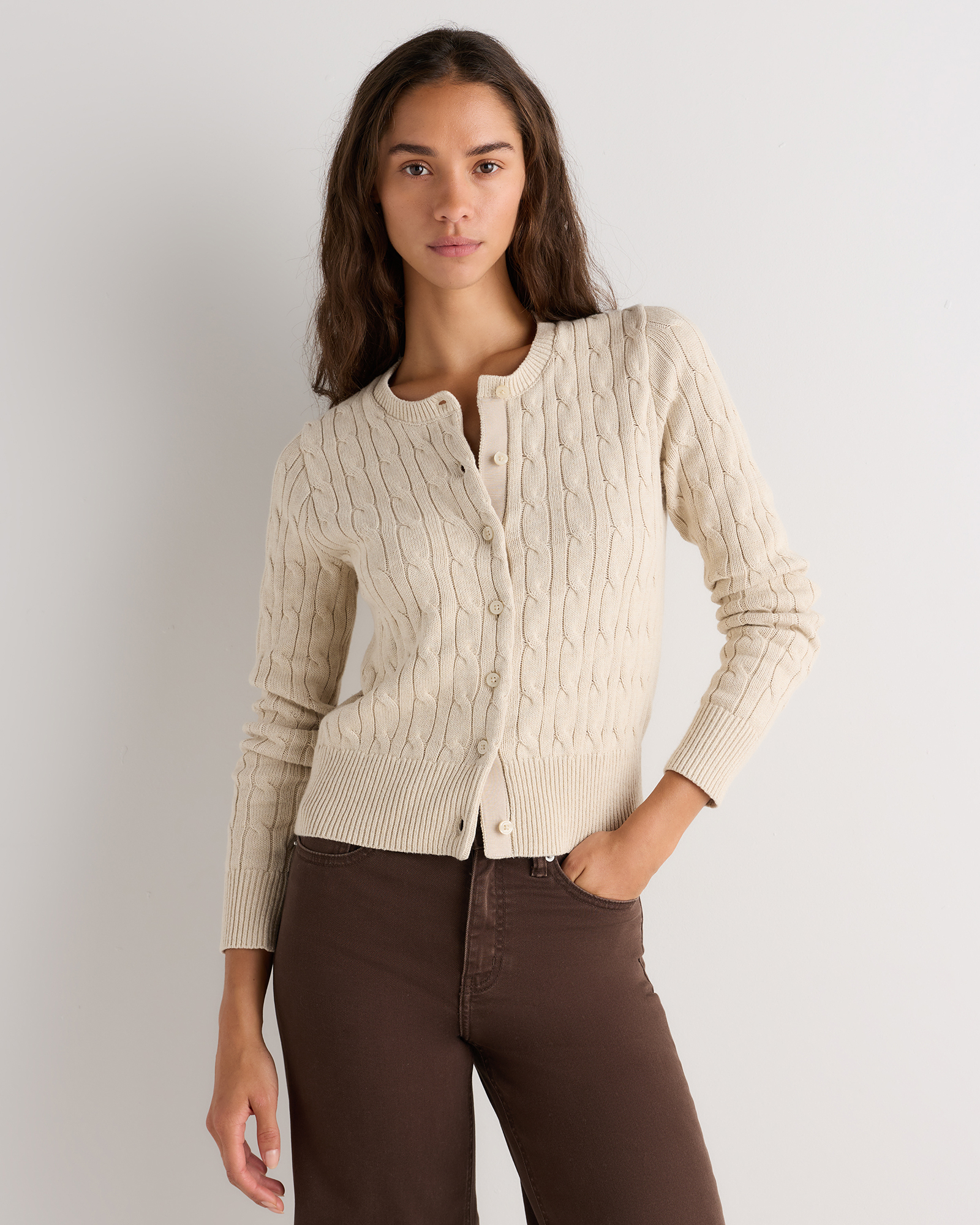 Speckled Beige 100% Organic Cotton Cable Crew Cardigan