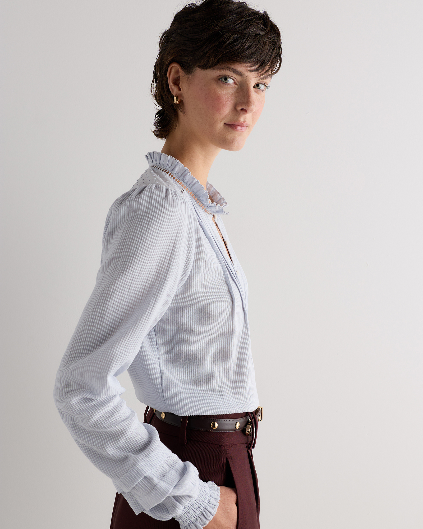 Organic Textured Cotton Peasant Blouse in Silver Dawn Grey