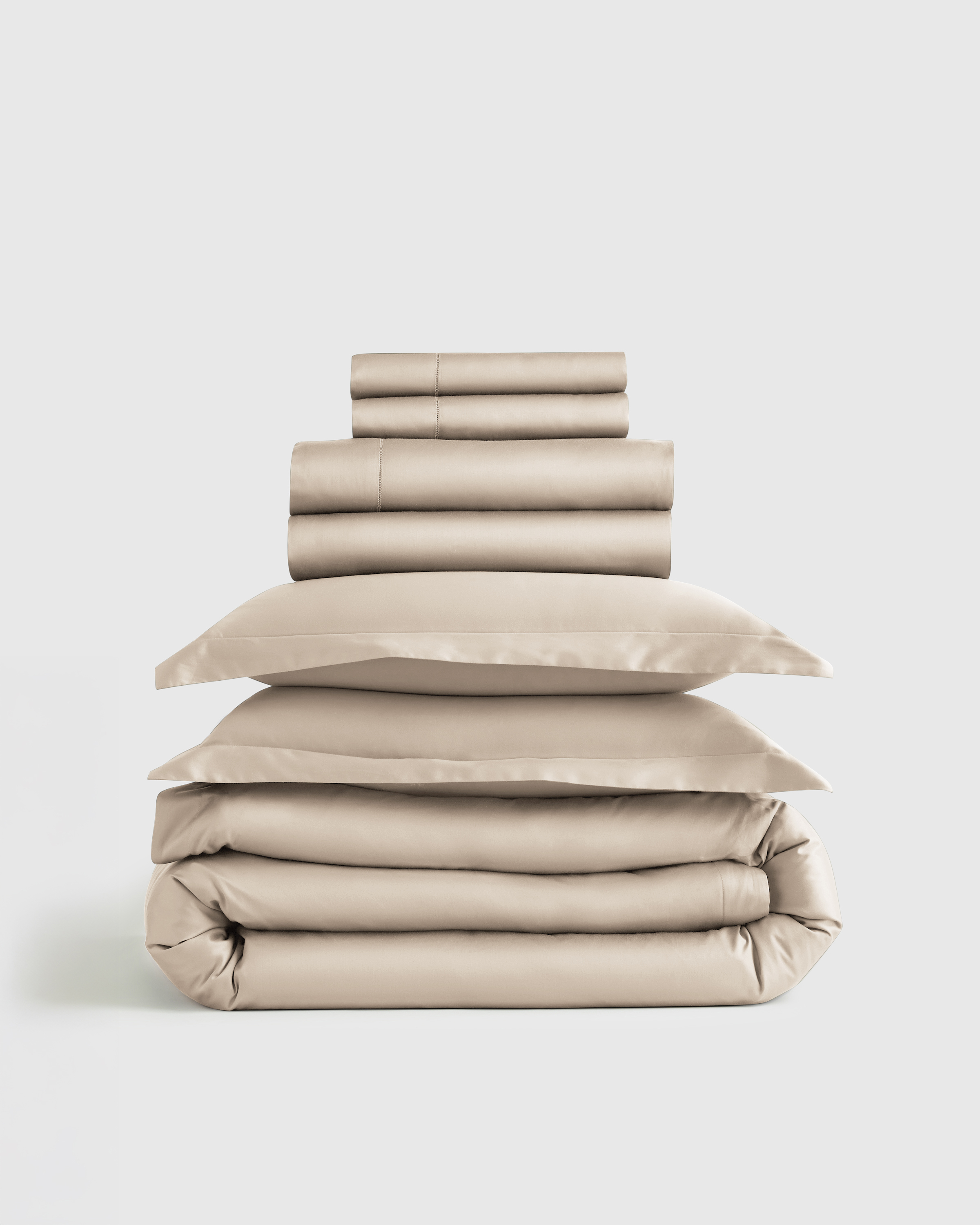 quince signature giza cotton sateen deluxe bedding bundle, king, sand