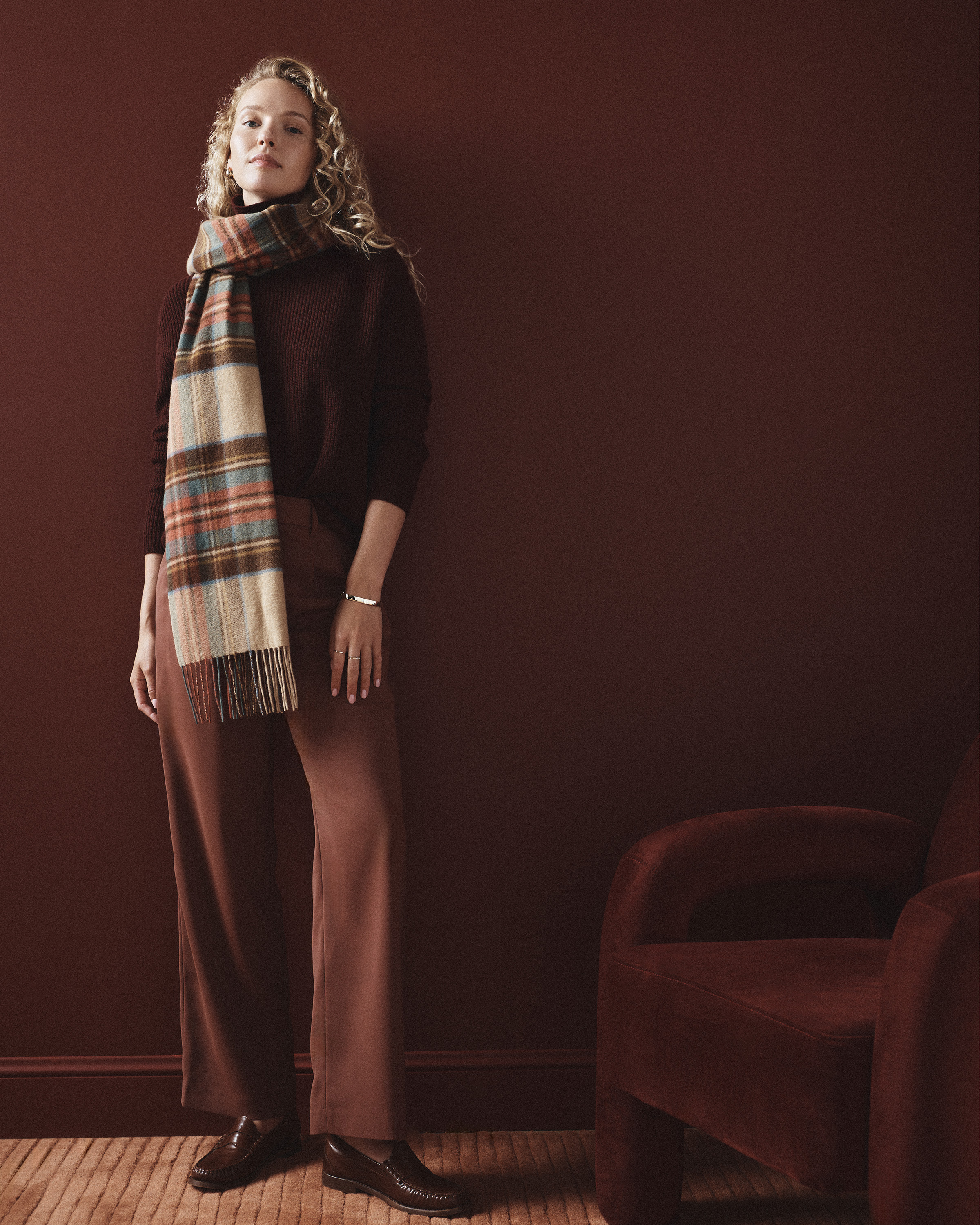 Oatmeal/Red Tartan Mongolian Cashmere Tartan Scarf