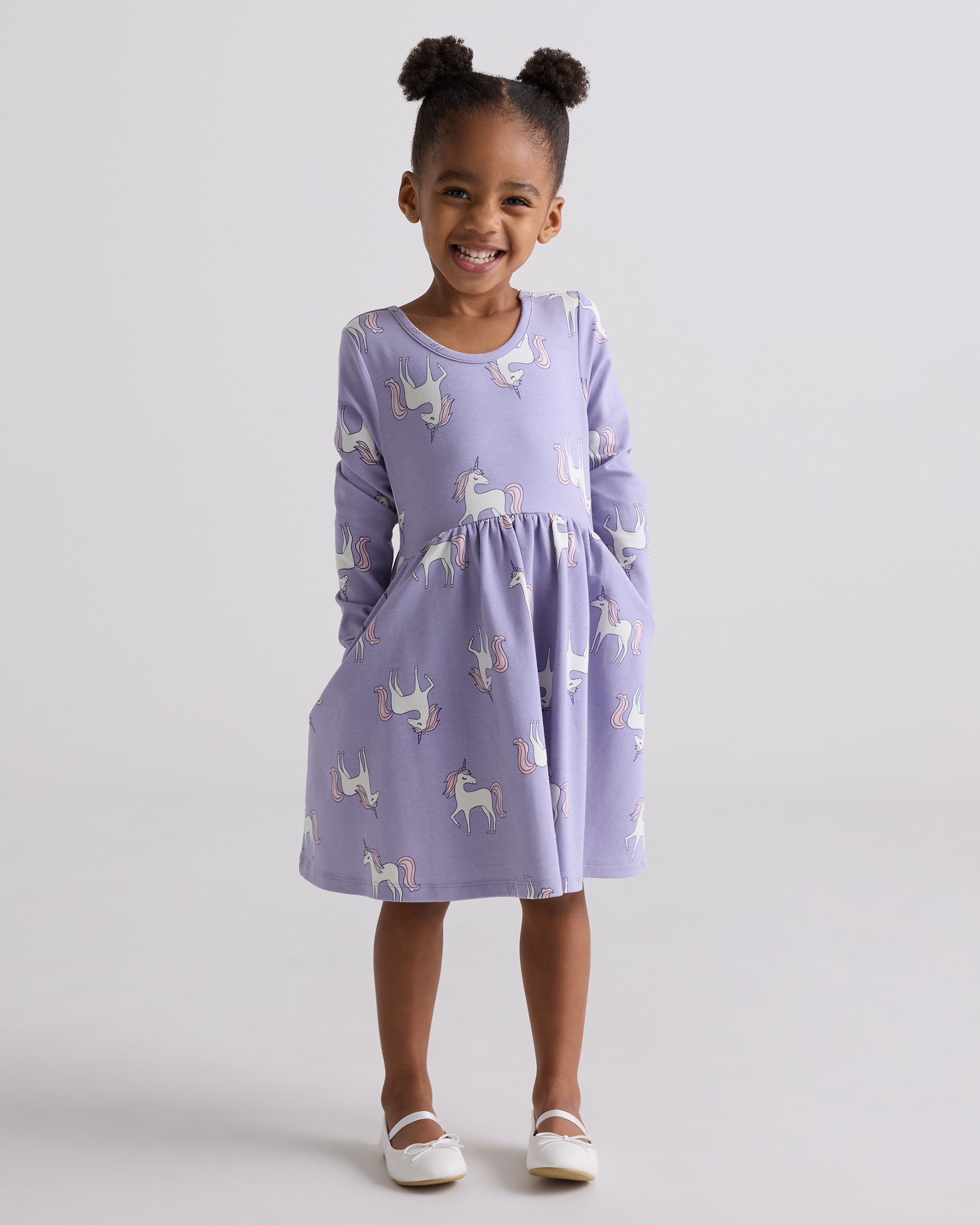 Long Sleeve Skater Dress in Lilac Unicorn, Size 3T, Organic Cotton by Quince - Toddler