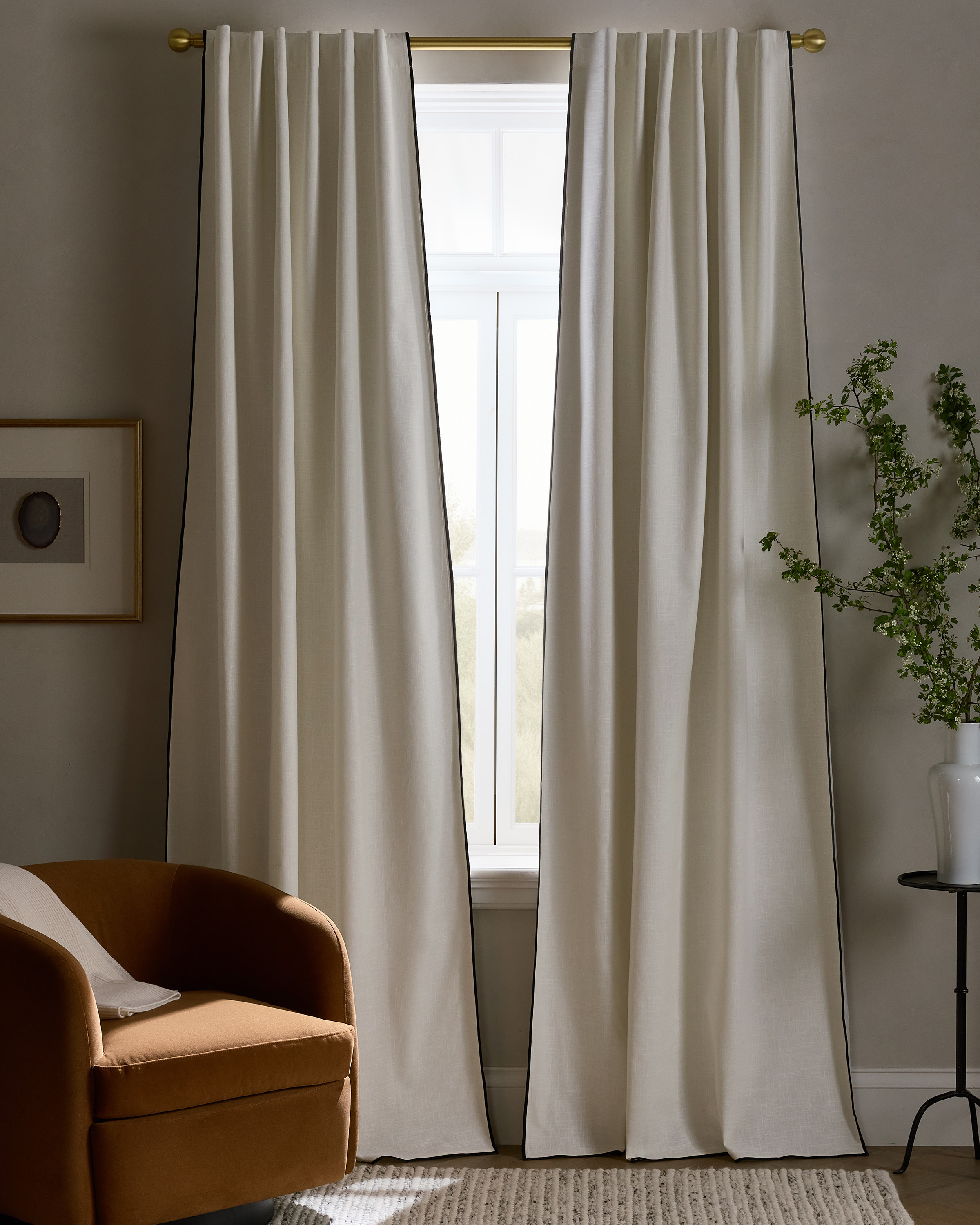 Ivory/Black Piping Piped Edge Cotton True Blackout Curtain