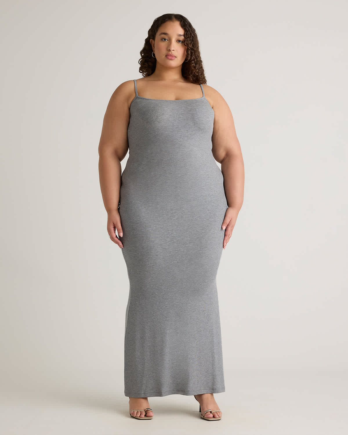 Quince Women's Tencel Rib Knit Maxi Slip Dress, Heather Grey, Size 1X, Cotton/Modal - Body-Hugging Fit, Spaghetti Straps Quince Women's Tencel Rib Knit Maxi Slip Dress, Heather Grey, Size 1X, Cotton/Modal - Body-Hugging Fit, Spaghetti Straps