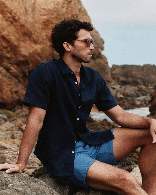 Deep Navy 100% European Linen Relaxed Short Sleeve Shirt