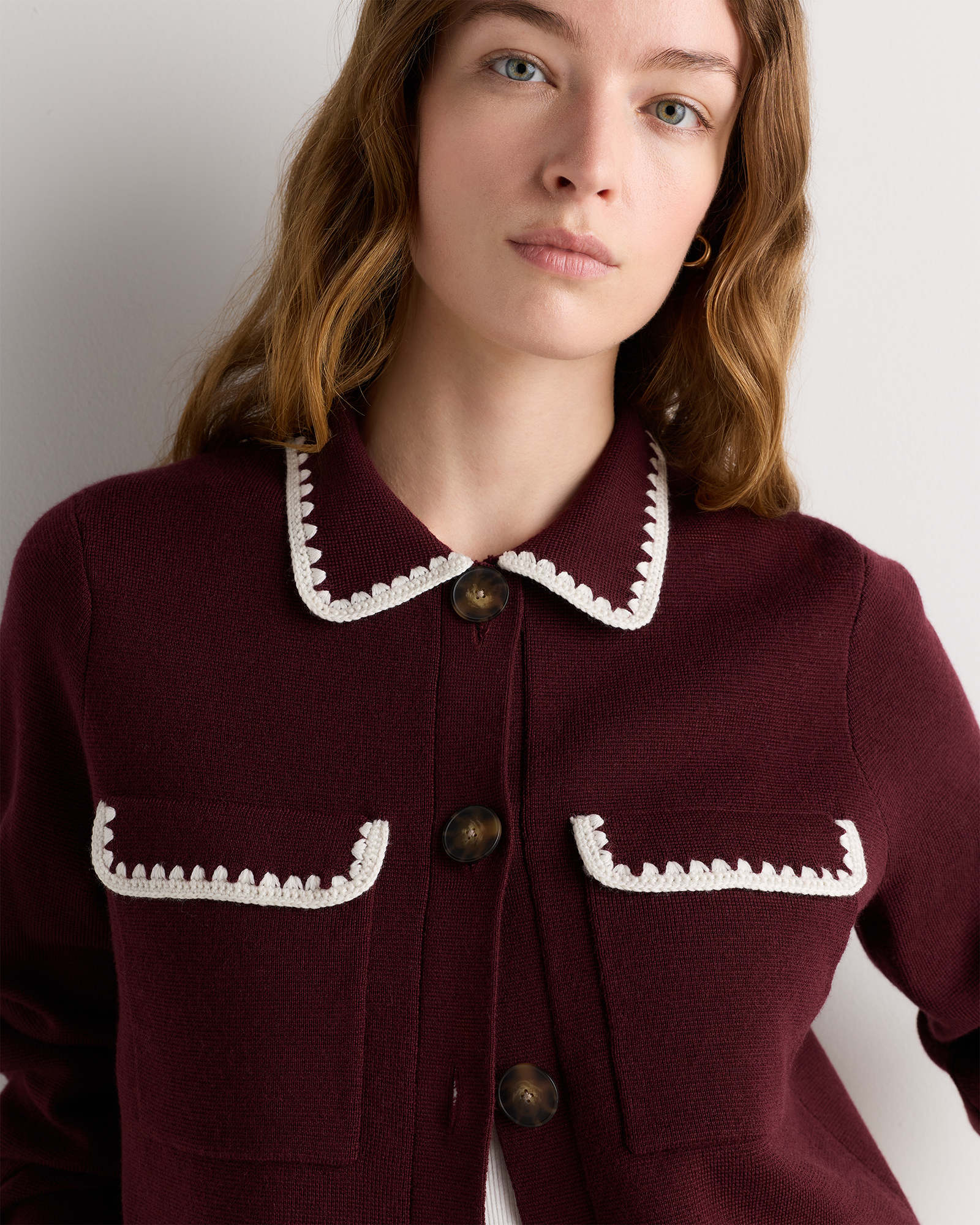 Australian Merino Wool Crochet Structured Cardigan in Deep Brick Red