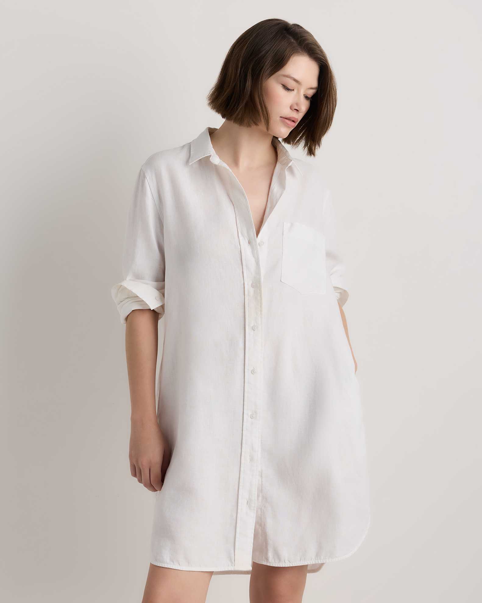 linen white shirt dress Woven Collared Long Sleeve 47% Viscose. Quince Women's Shirt Dress in