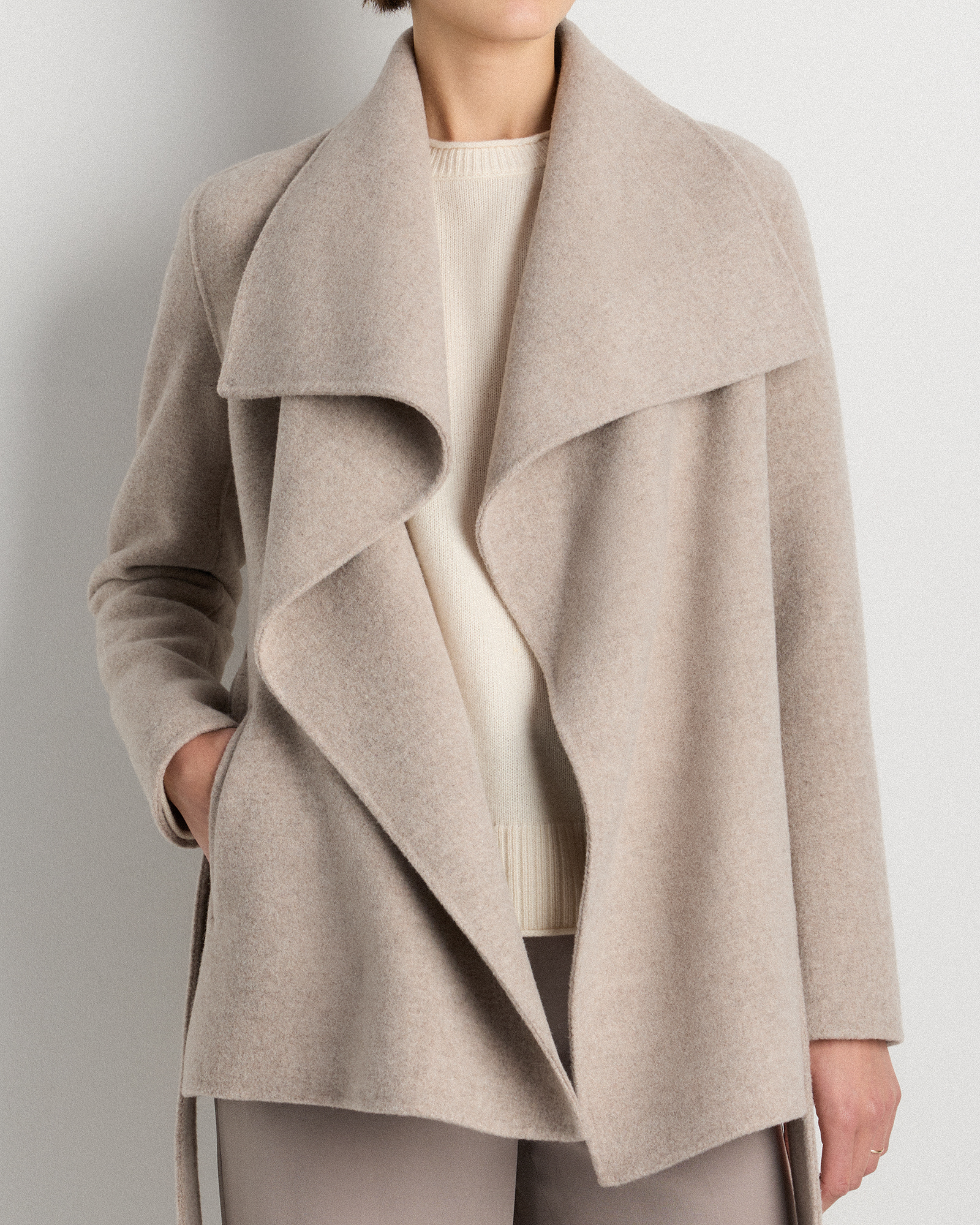 Double-Faced Merino Wool Draped Collar Short Wrap Coat
