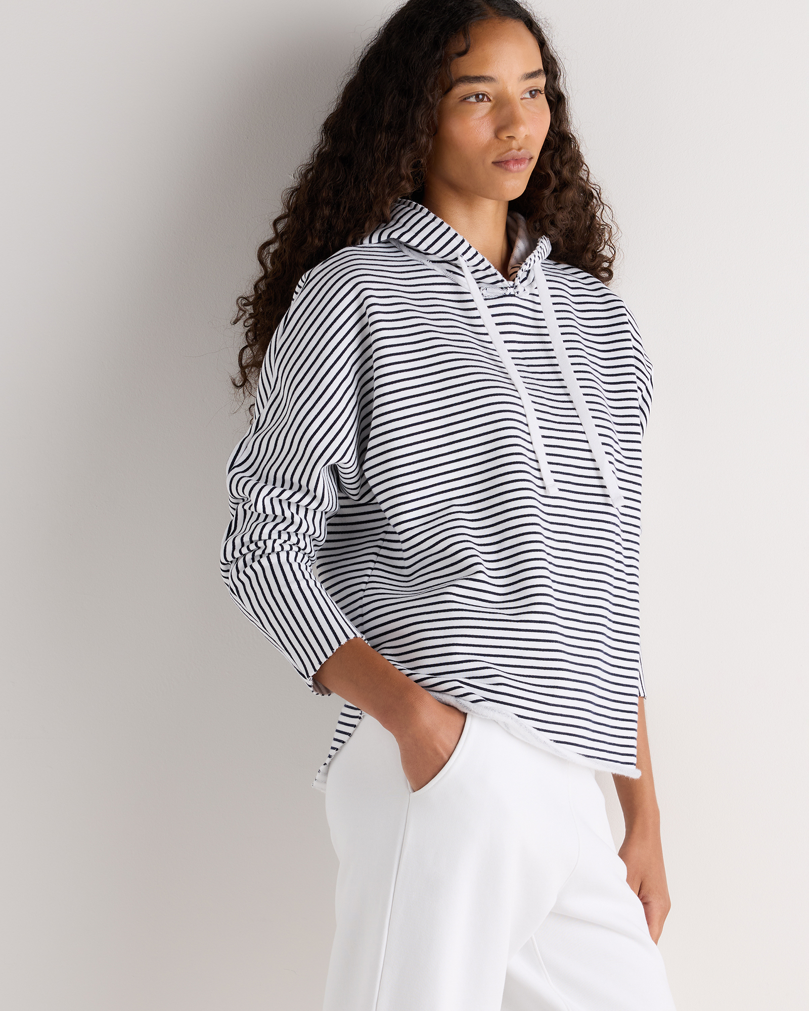Organic French Terry Hoodie in Navy/White