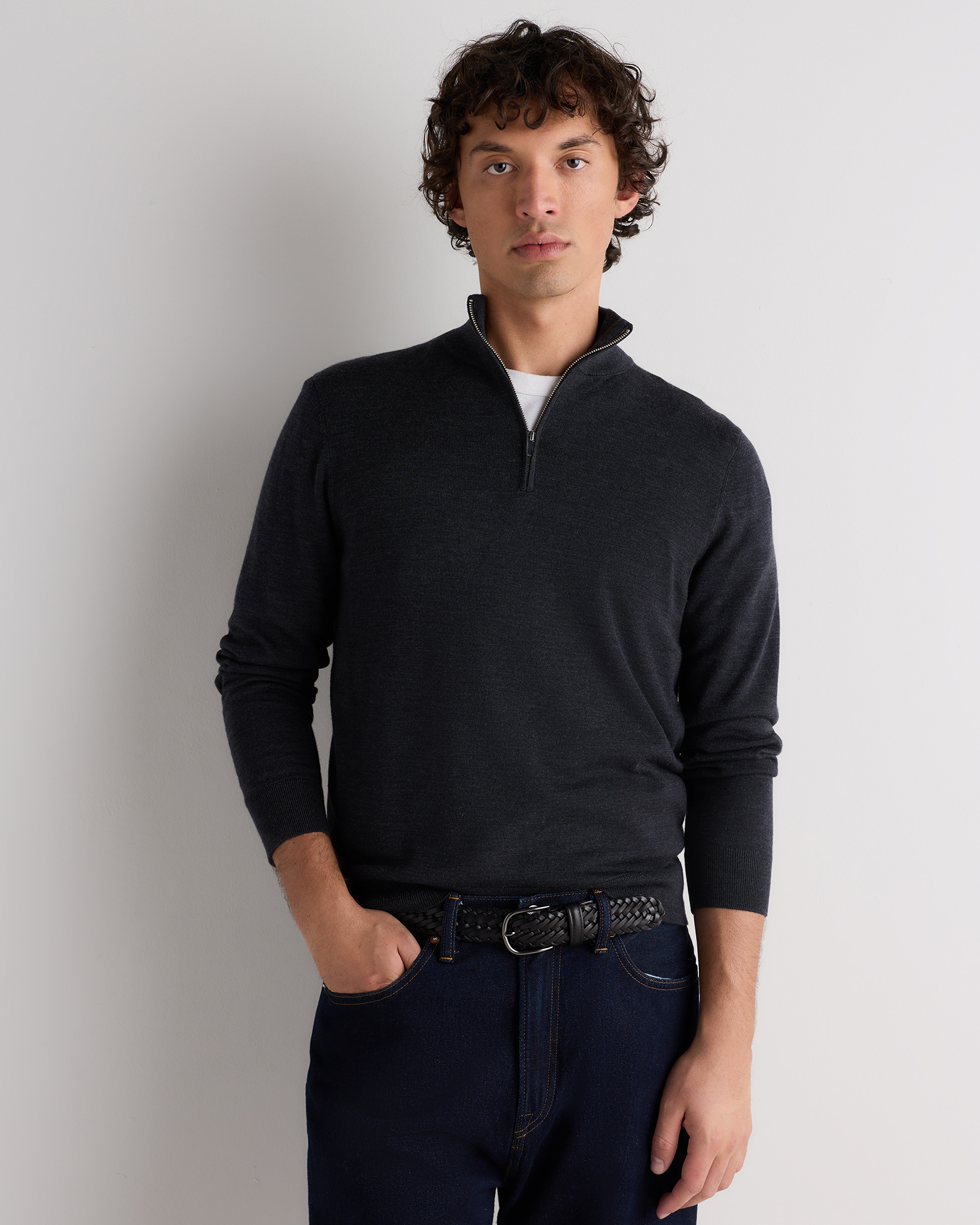Heather Charcoal Worsted Merino Wool Quarter Zip Sweater