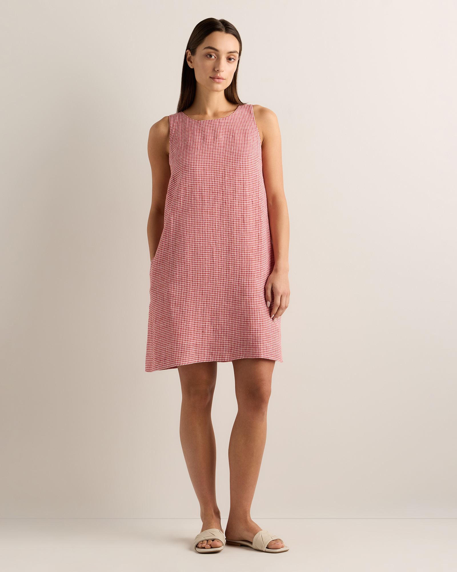Red Classic Mini Gingham 100% European Linen Tank Mini Dress