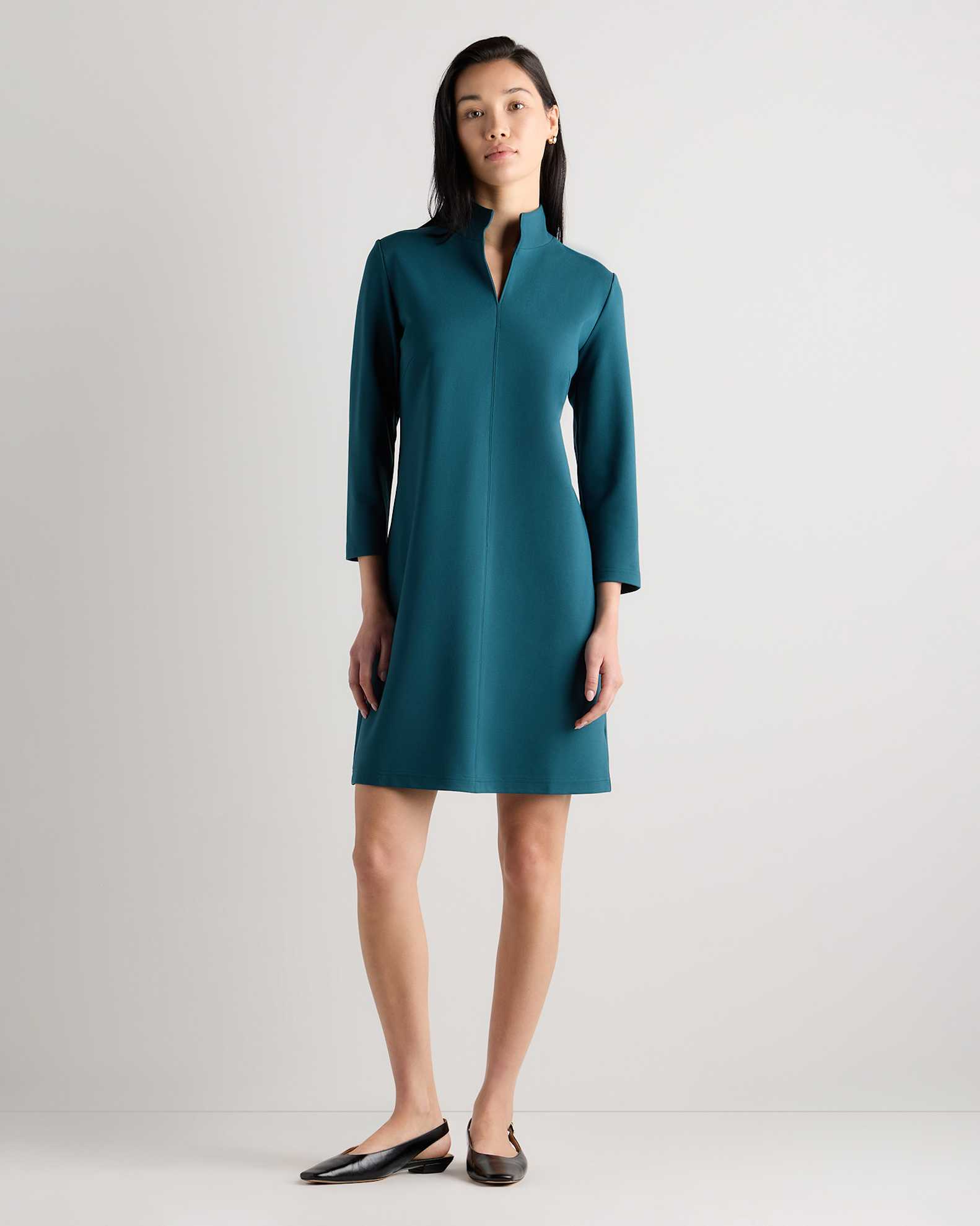 Ultra-Stretch Ponte Split Neck Mini Dress in Ocean Green Ultra-Stretch Ponte Split Neck Mini Dress in Ocean Green