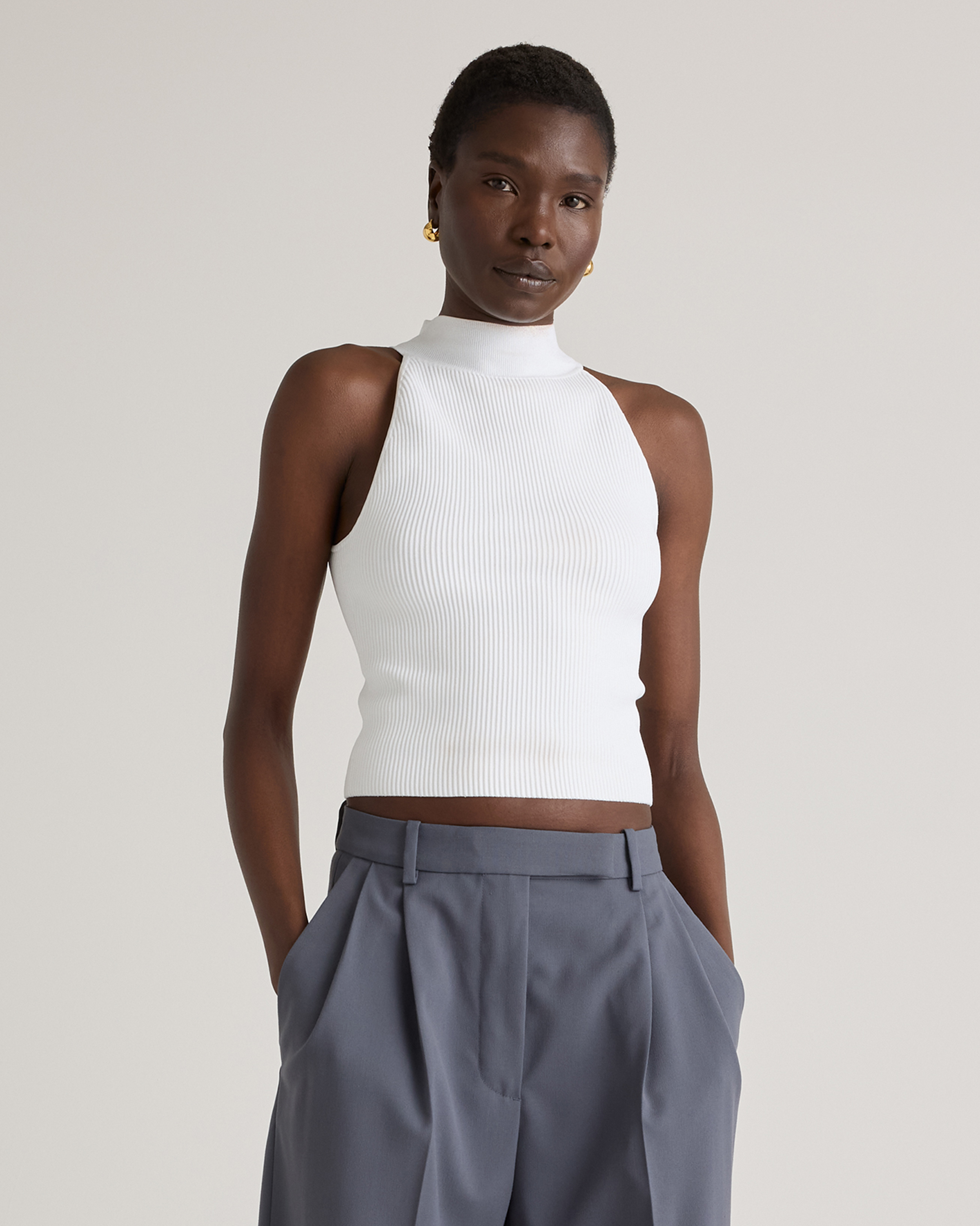 Cropped High Neck Ribbed Knit Tank