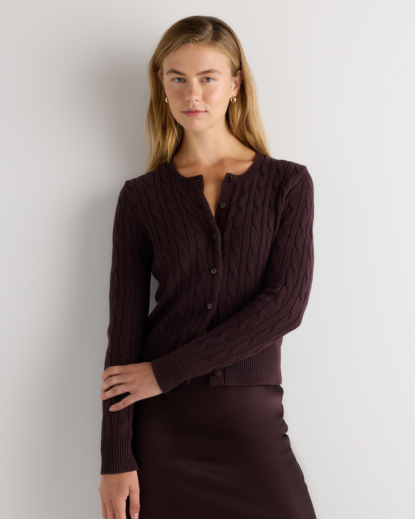 Chocolate Plum Brown 100% Organic Cotton Cable Crew Cardigan