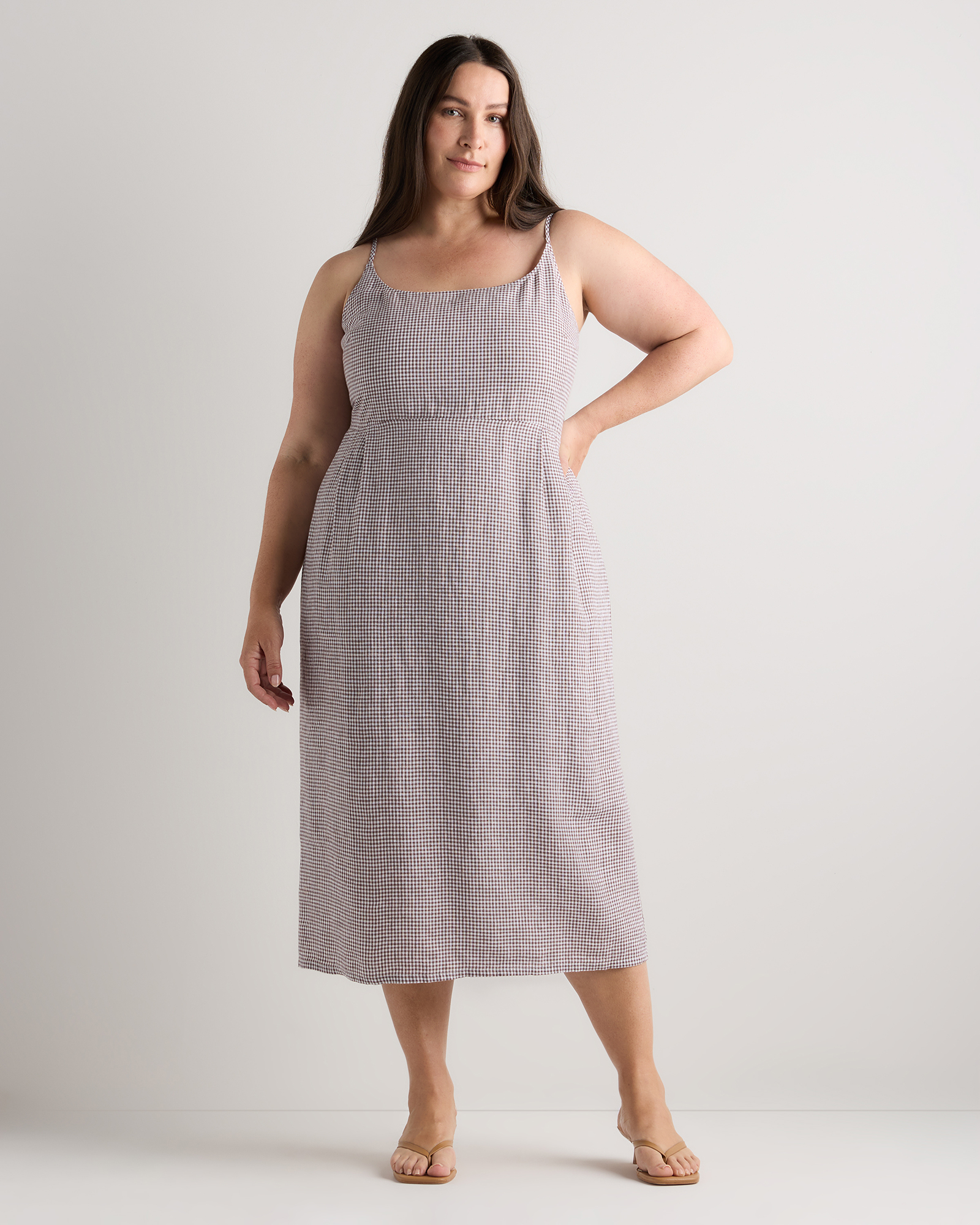 Taupe Brown Gingham 100% European Linen Scoop Neck Midi Dress