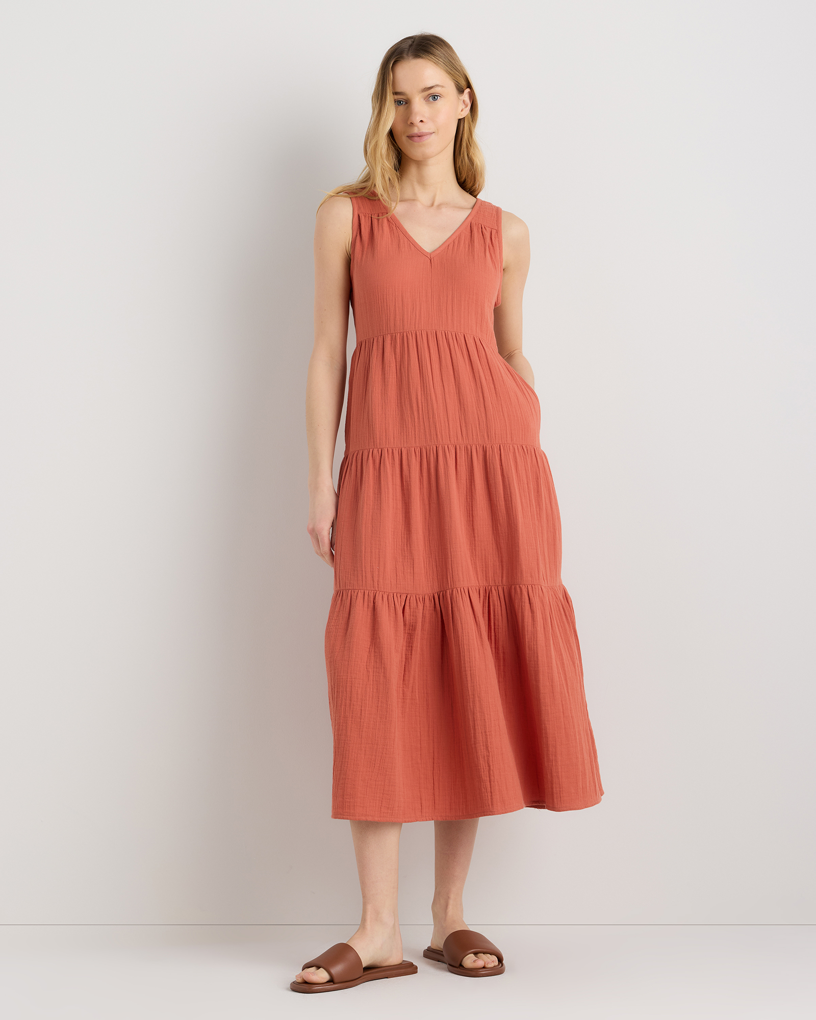 Spiced Orange 100% Organic Cotton Gauze Tiered Maxi Dress