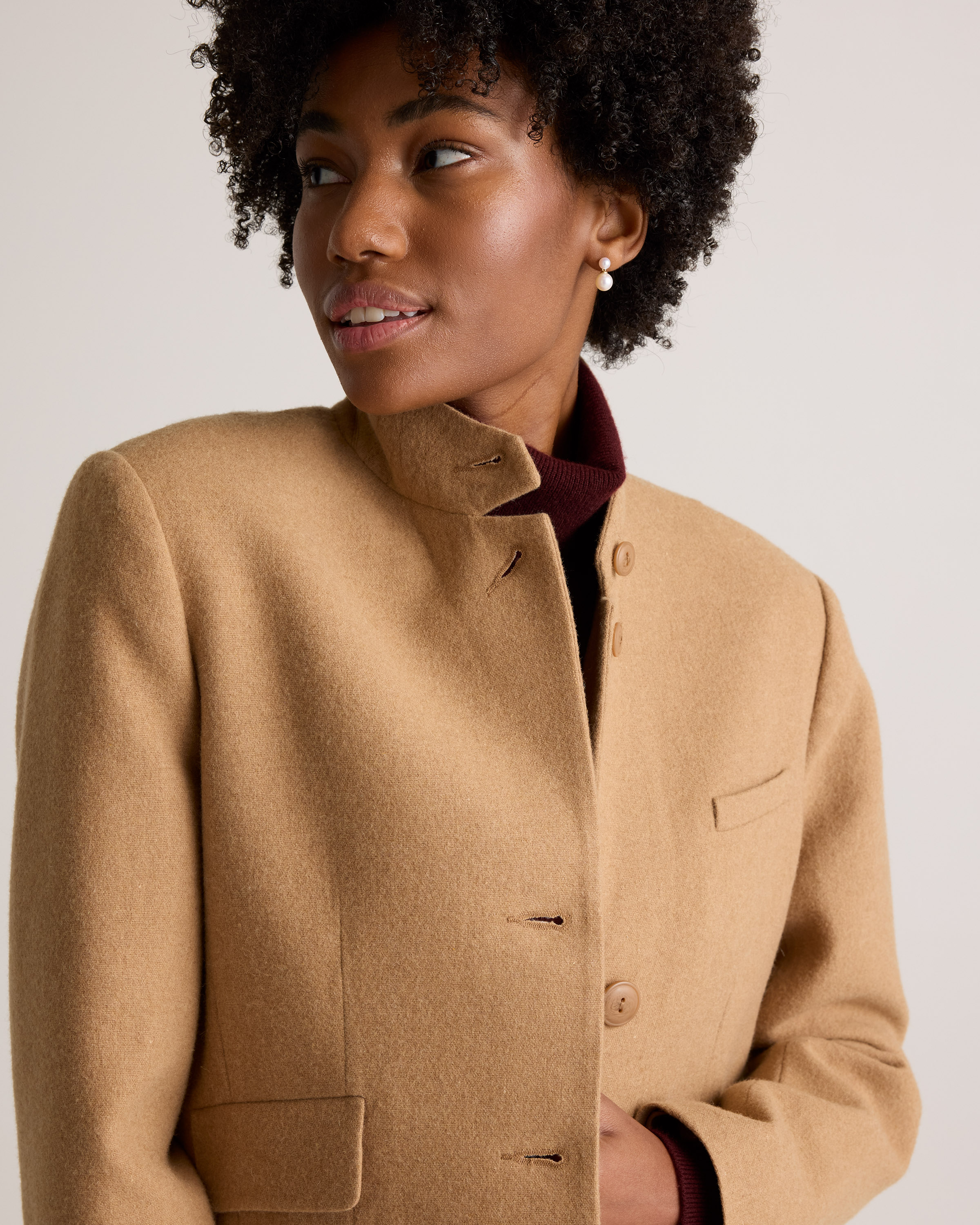 Italian Wool Stand Collar Blazer in Warm Camel