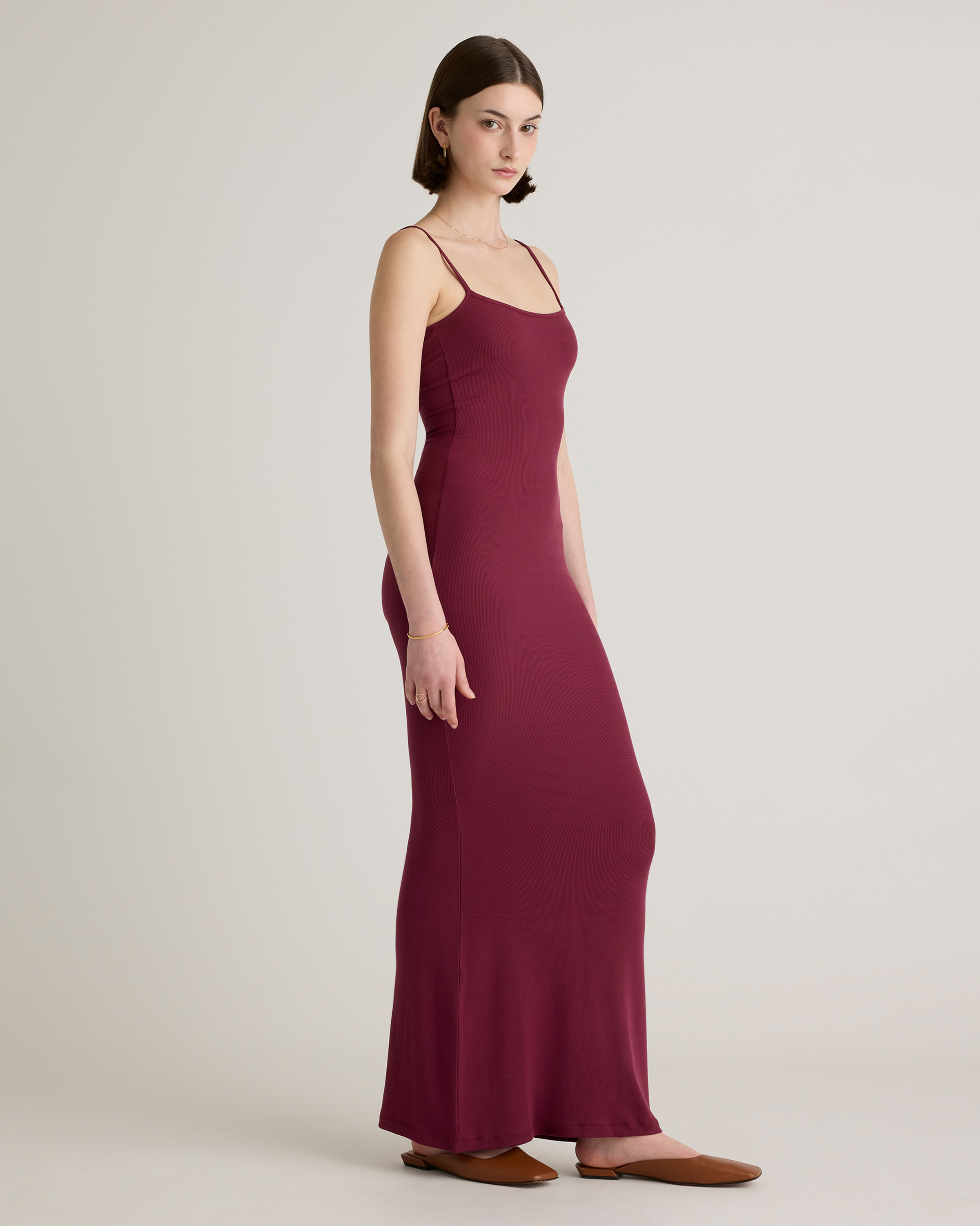 tencel rib knit sleeveless dress Quince Women's Maxi Slip Dress, Wine Color, Size XL, Cotton/Modal Blend, Body-Hugging Fit Brown dress