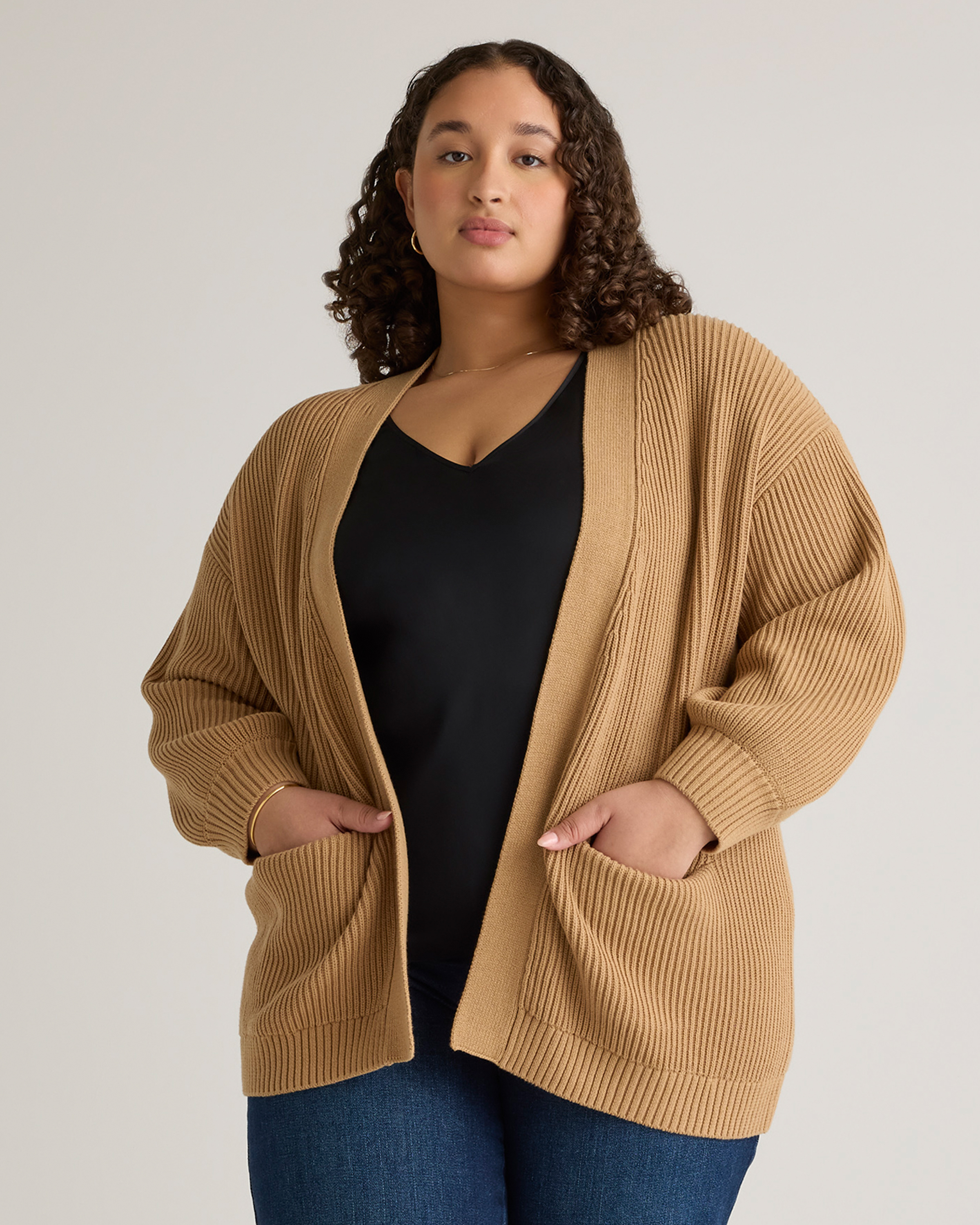 100% Organic Cotton Oversized Cardigan Plus Size in Camel
