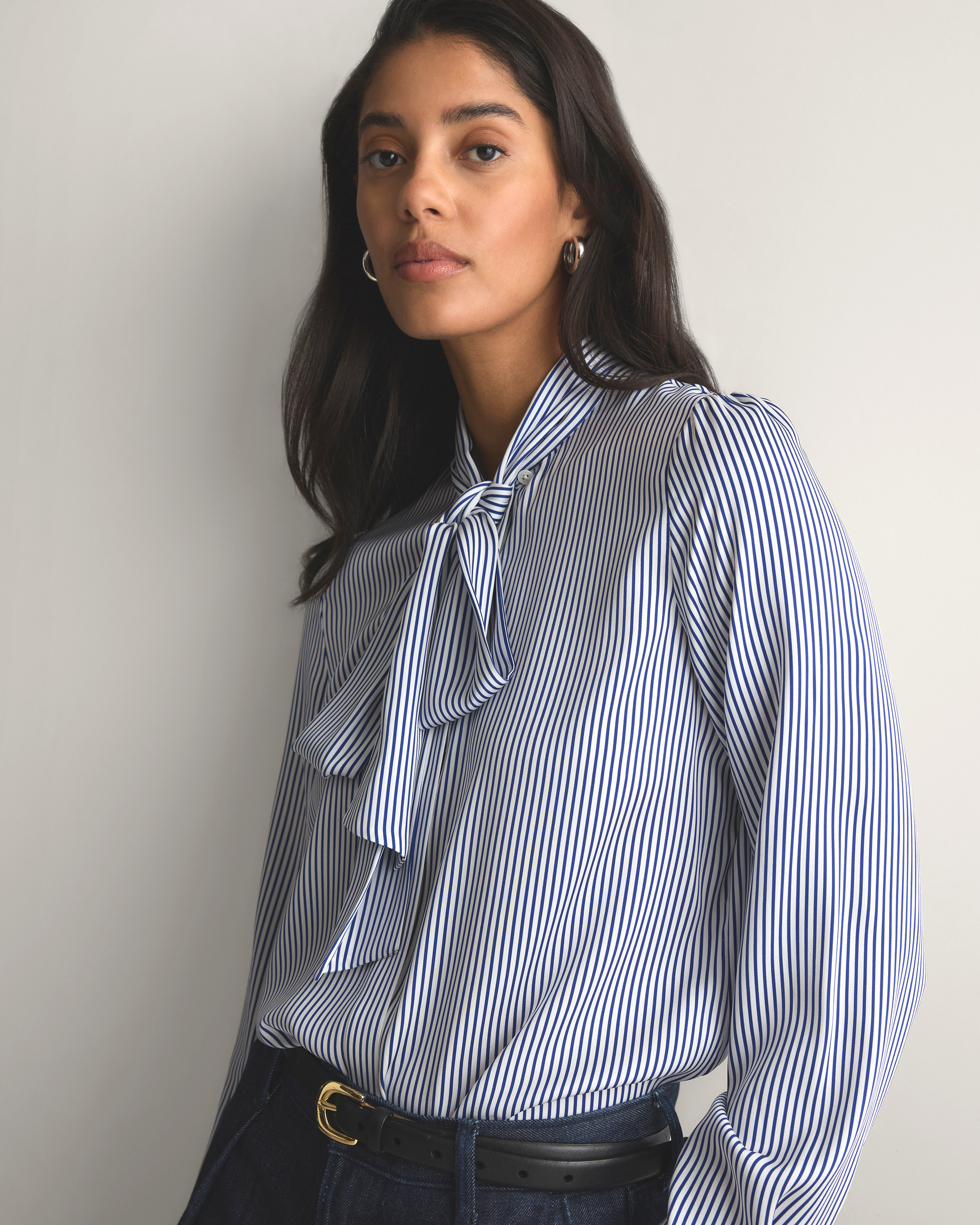 Washable Stretch Silk Tie Neck Blouse