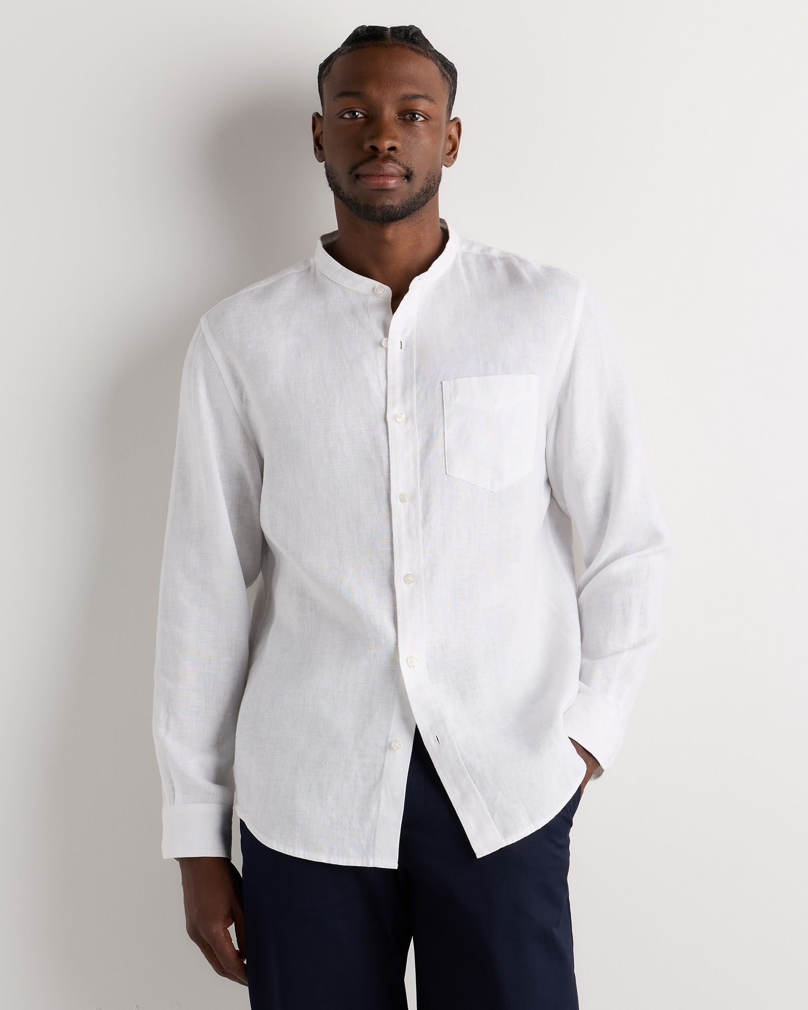 White 100% European Linen Relaxed Band Collar Shirt