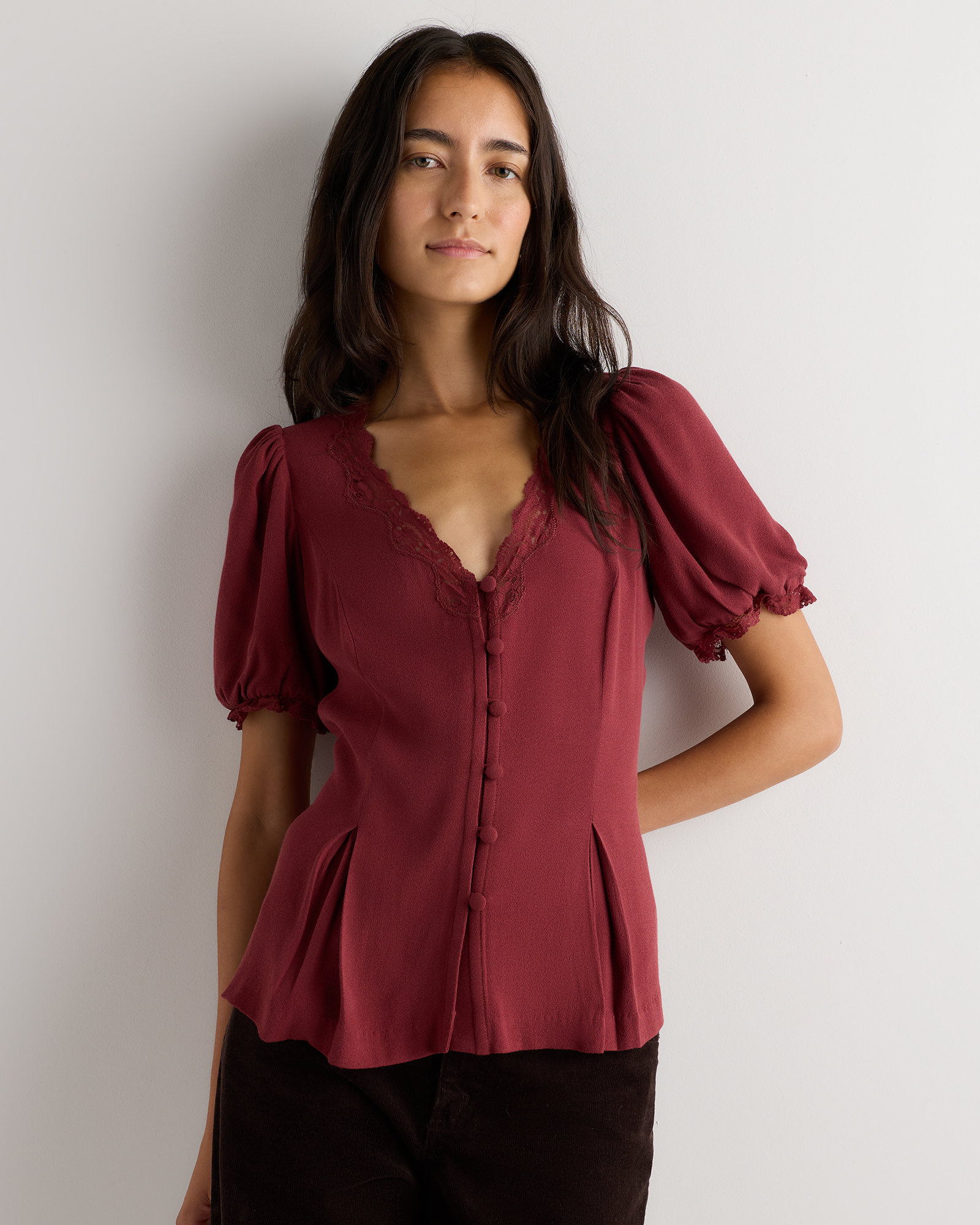 Maroon Lightweight Crepe Lace Puff Sleeve Blouse