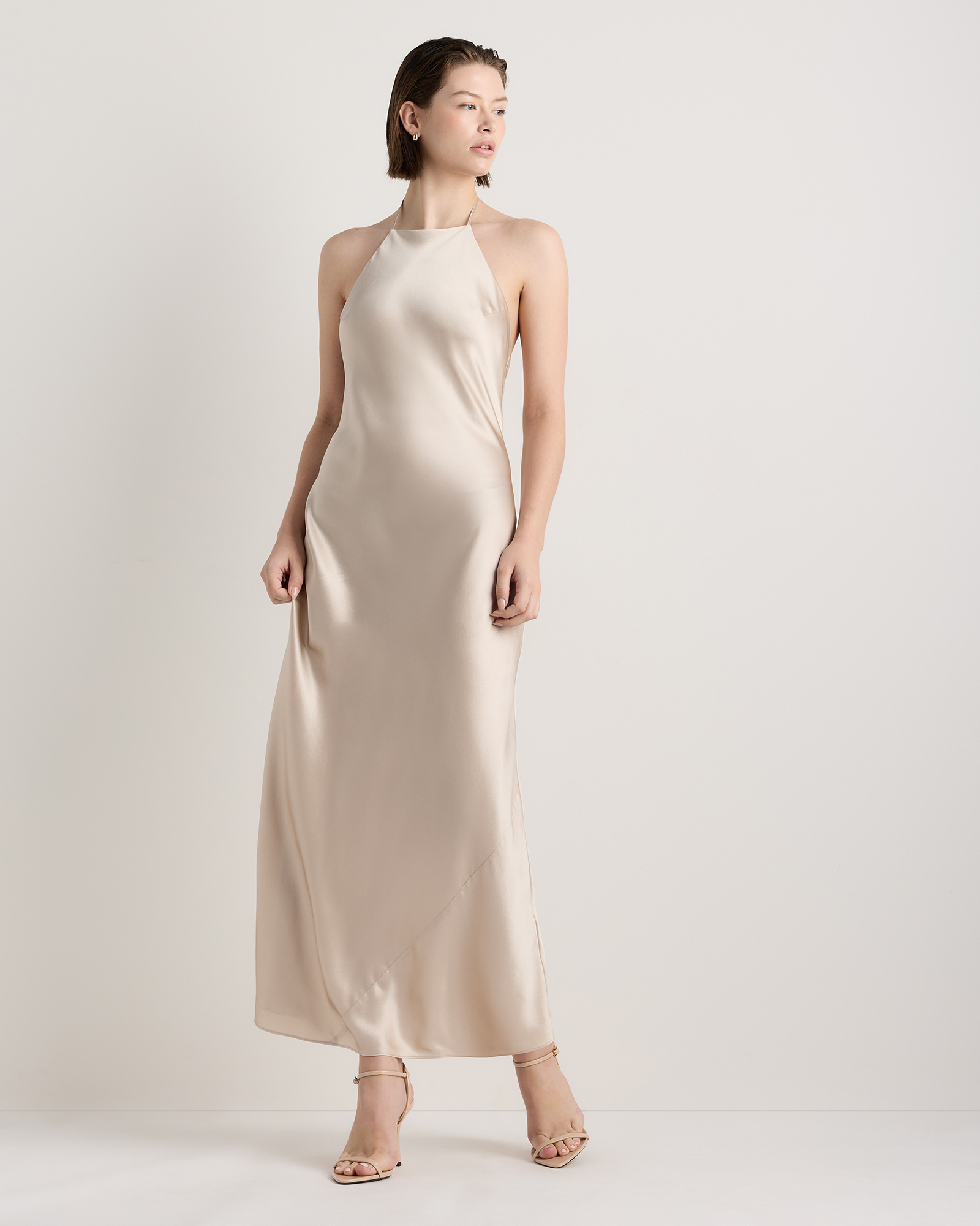 Champagne 100% Washable Silk Halter Maxi Dress