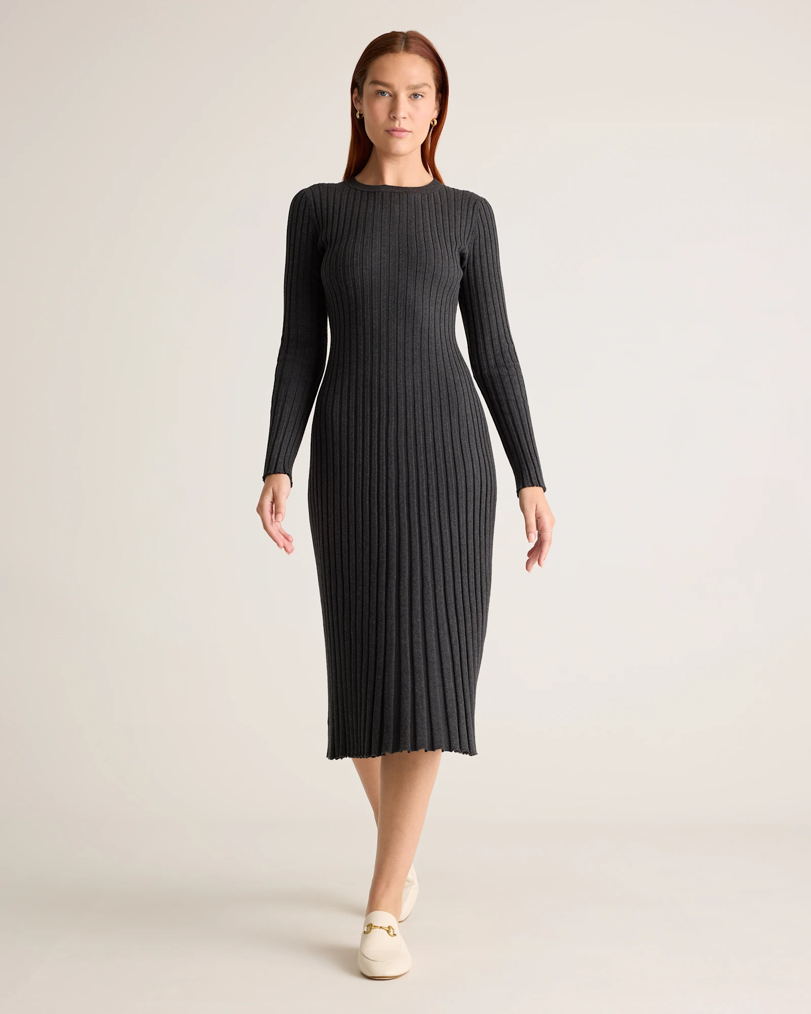 caslon three-quarter sleeve knit midi dress product info and reviews Quince Women's Cotton Cashmere Ribbed Long Crew Dress, Heather Charcoal, Size Large Polyusa