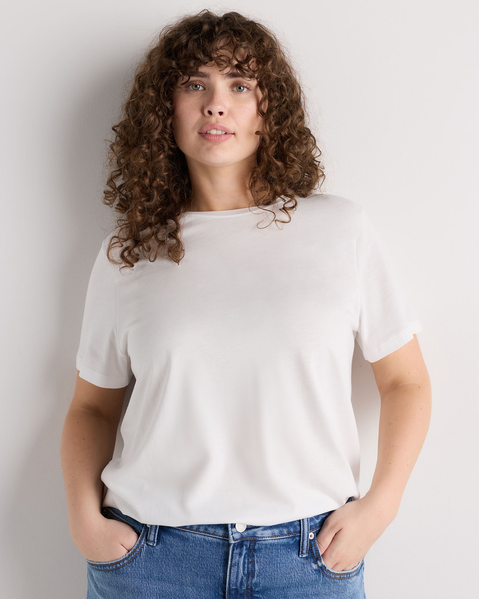 White Cotton Modal Crew Neck Swing Tee