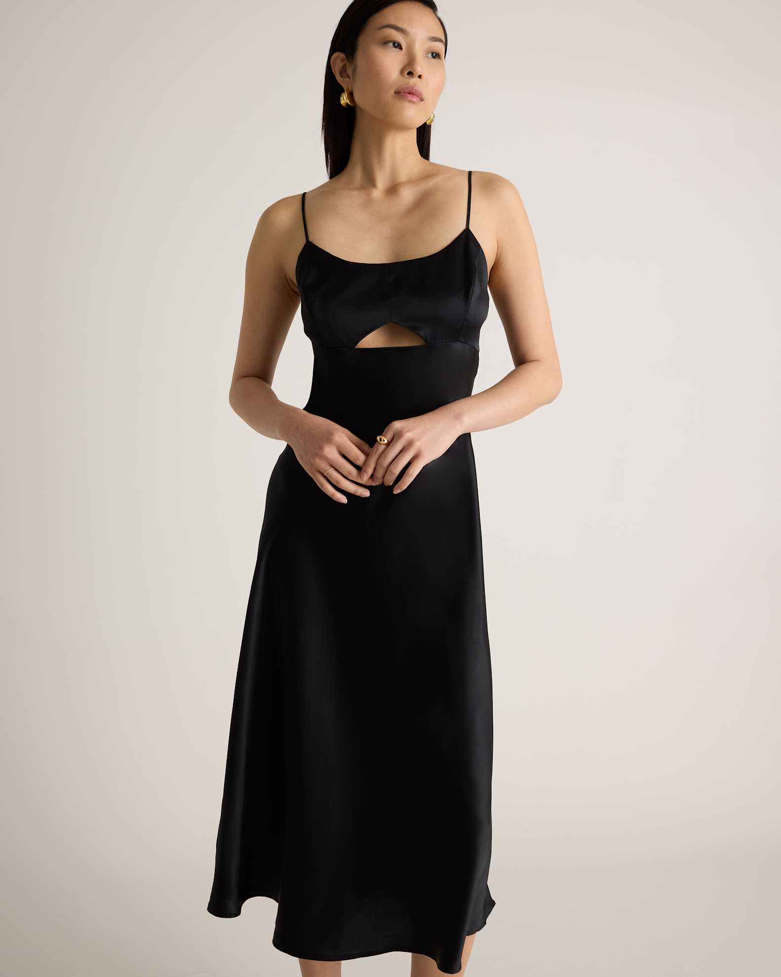 Quince Women's Cutout Midi Slip Dress, Black, Size XL, 100% Washable Mulberry Silk, Hypo-allergenic, Thermoregulating Quince Women's Cutout Midi Slip Dress, Black, Size XL, 100% Washable Mulberry Silk, Hypo-allergenic, Thermoregulating
