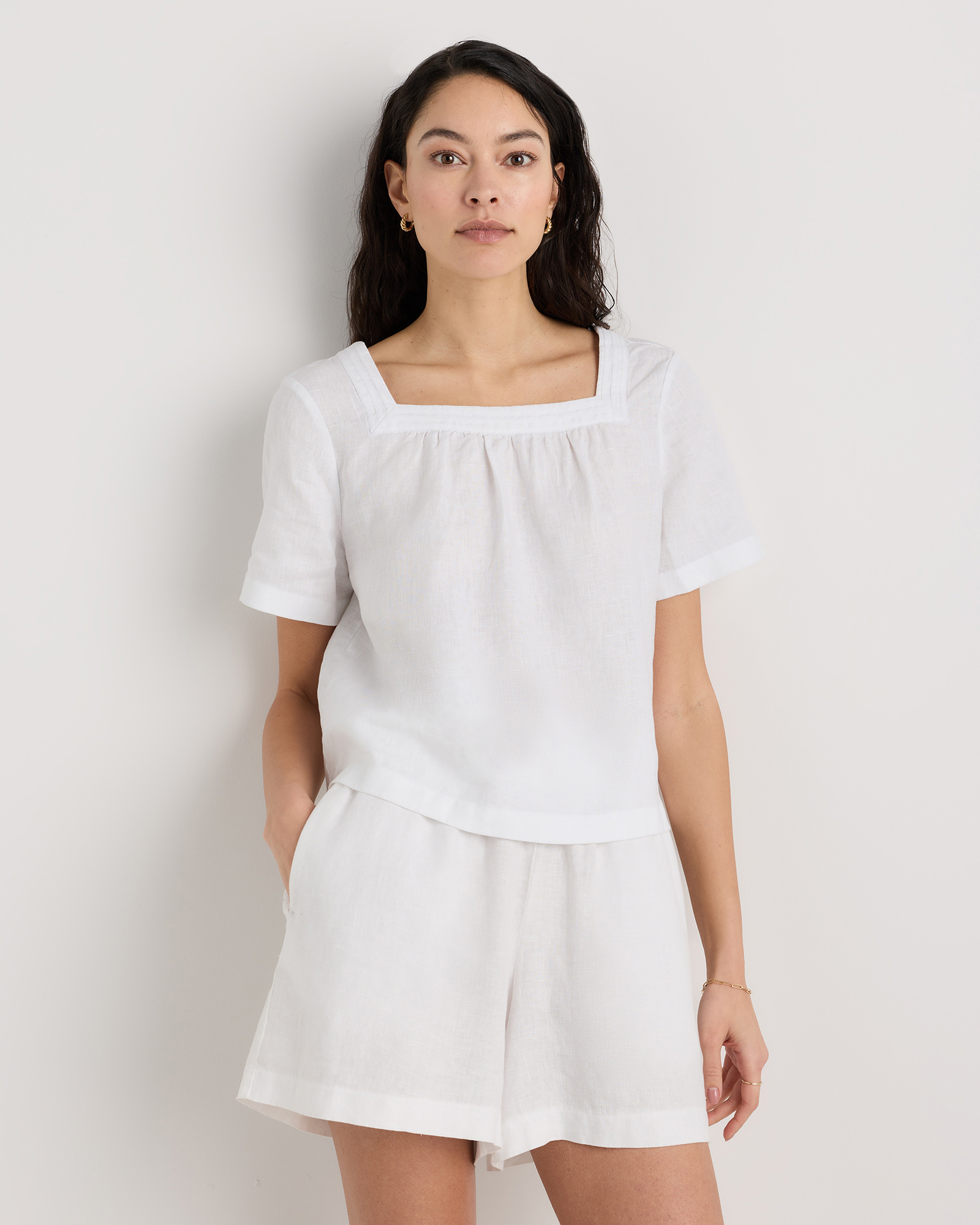 White 100% European Linen Square Neck Swing Top