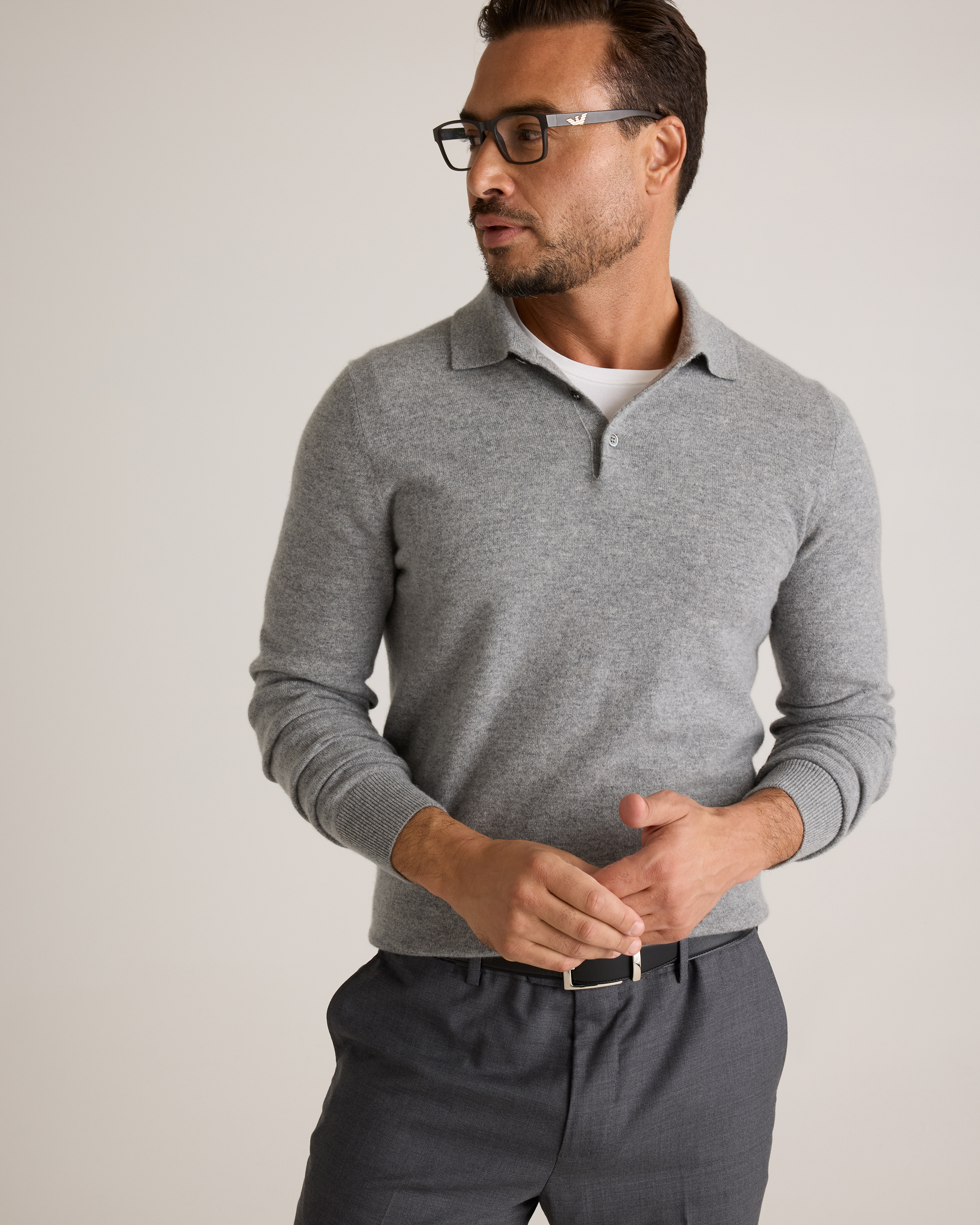 Mongolian Cashmere Polo Sweater in Heather Grey