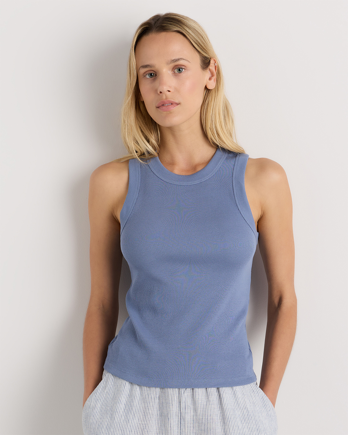 Moonstone Blue Organic Cotton Micro-Rib Cropped Cutaway Tank