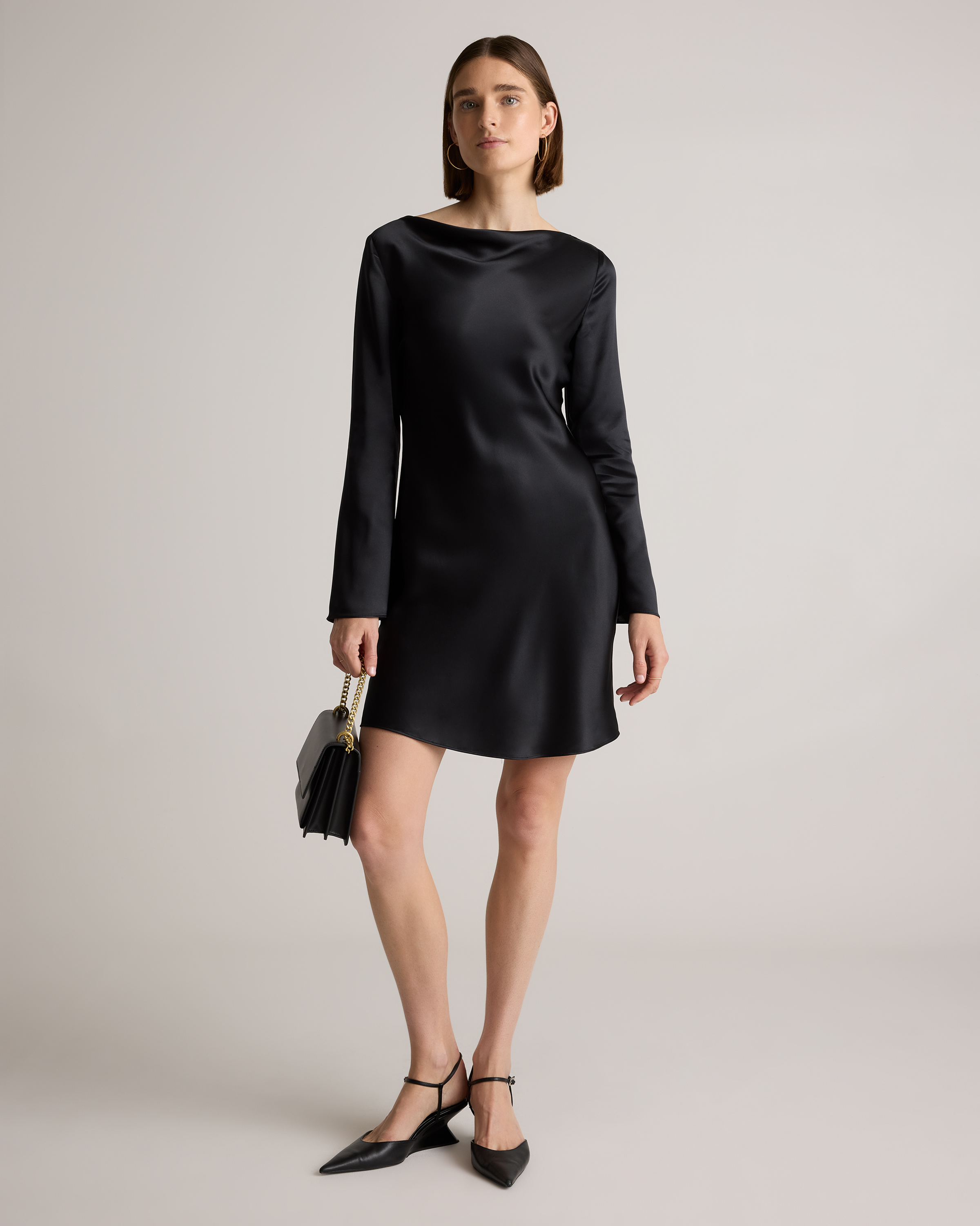 Quince Women's Long Sleeve Mini Dress, Black, Size Large, 100% Washable Silk