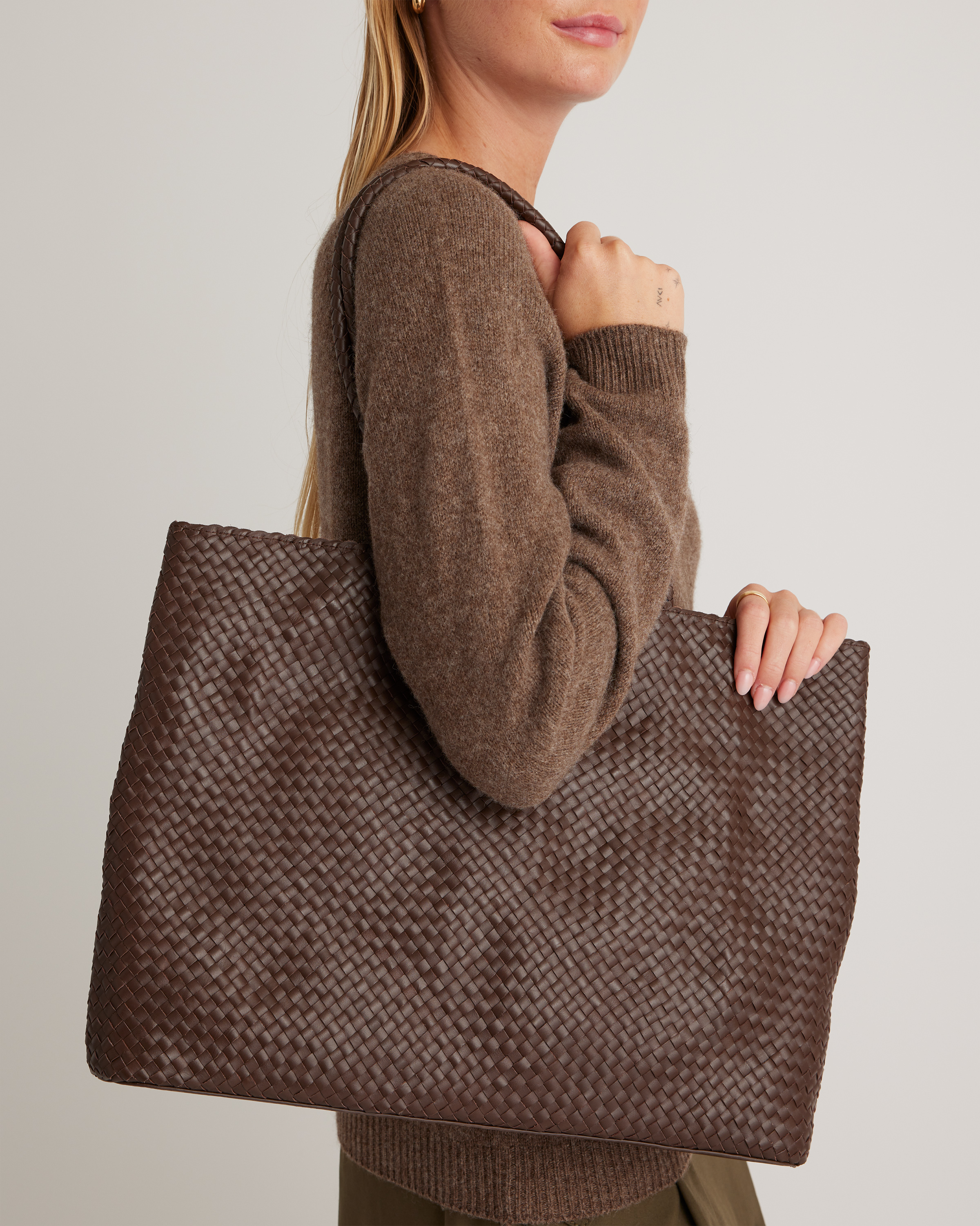 Italian Leather Small Handwoven Tote in Dark Brown