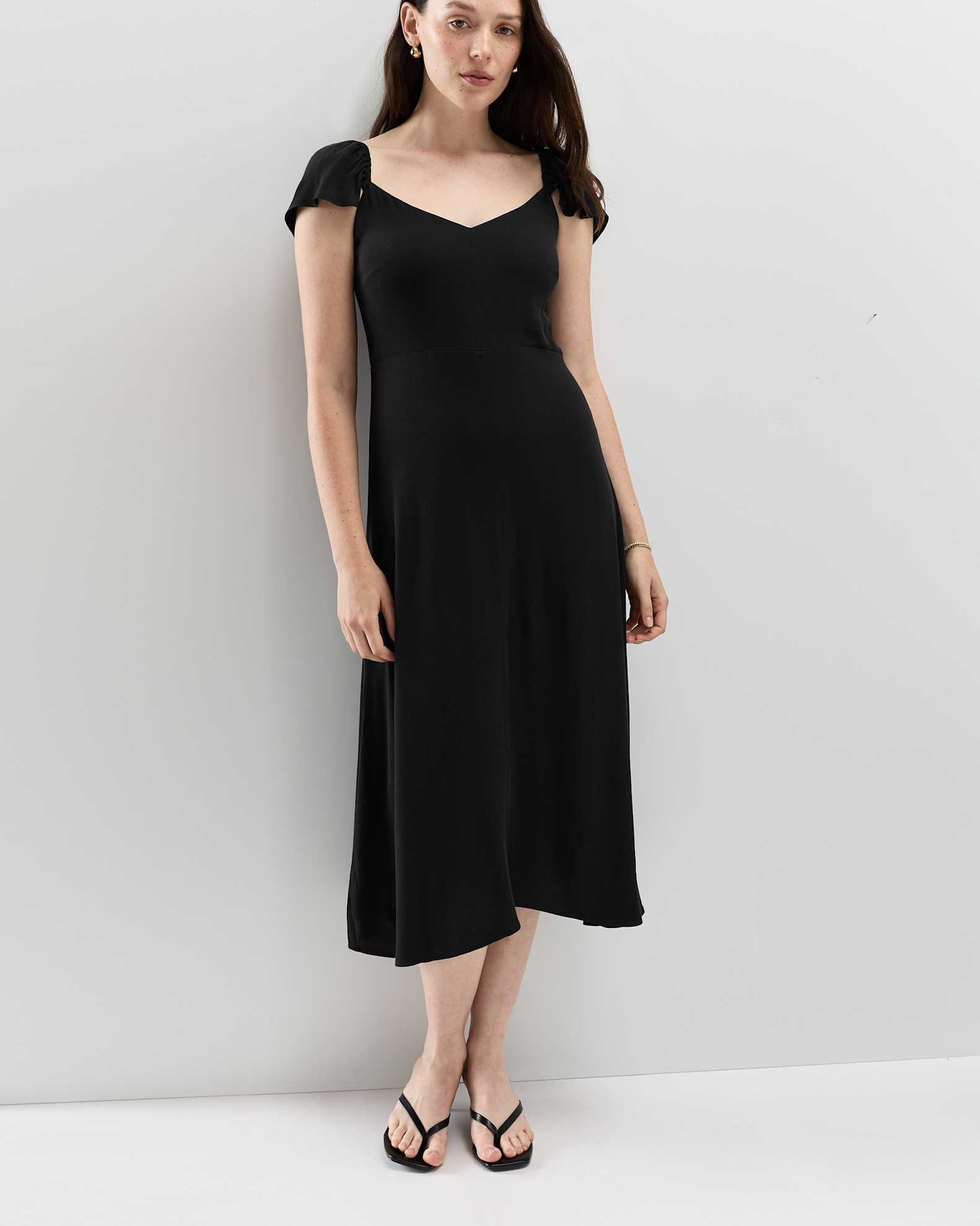 black midi dress with sleeves formal Short Sleeve V Neck Pockets a graceful flared skirt BINXIAD Women's Short Sleeve Midi
