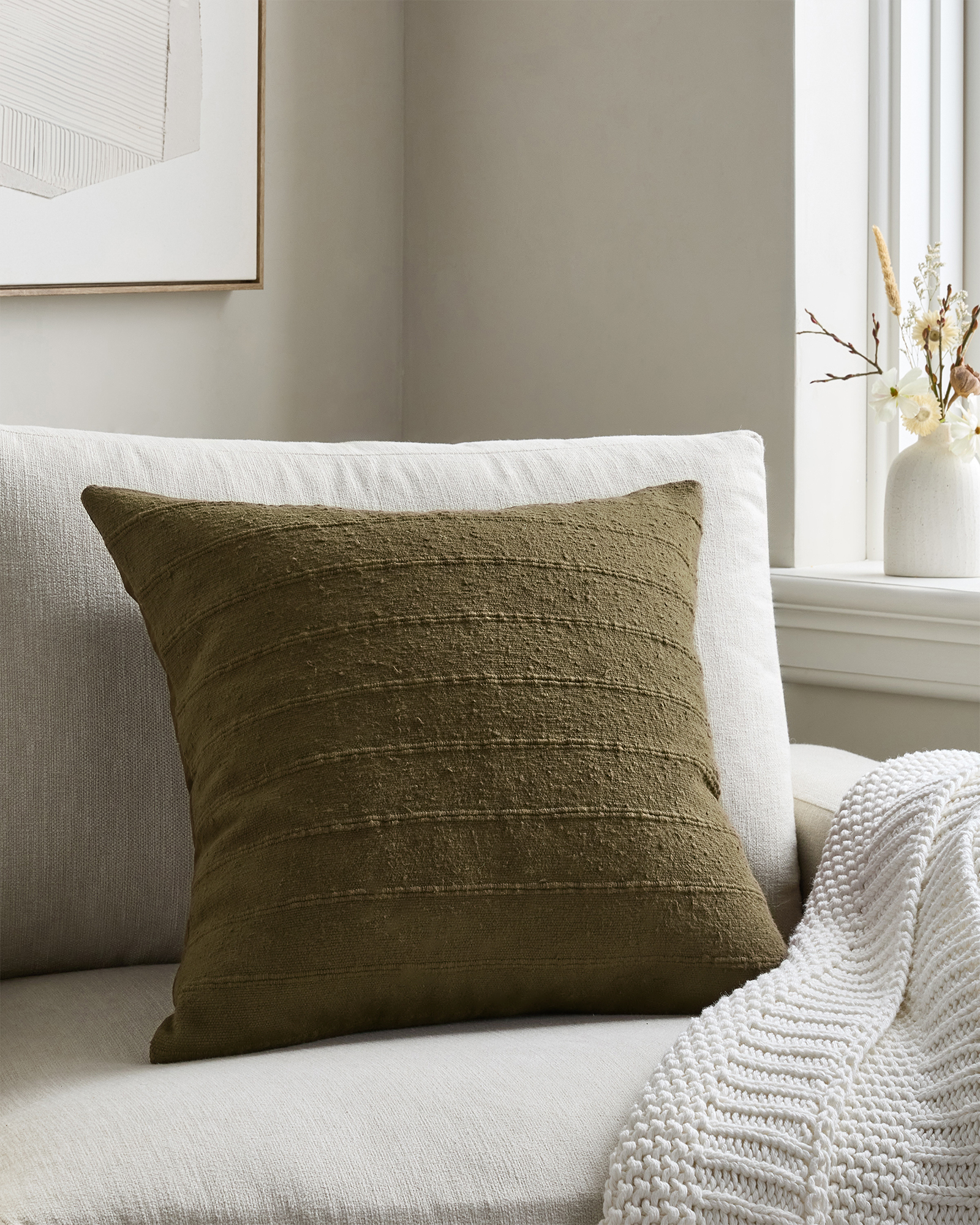 Olive Textured Striped Cotton Pillow Cover