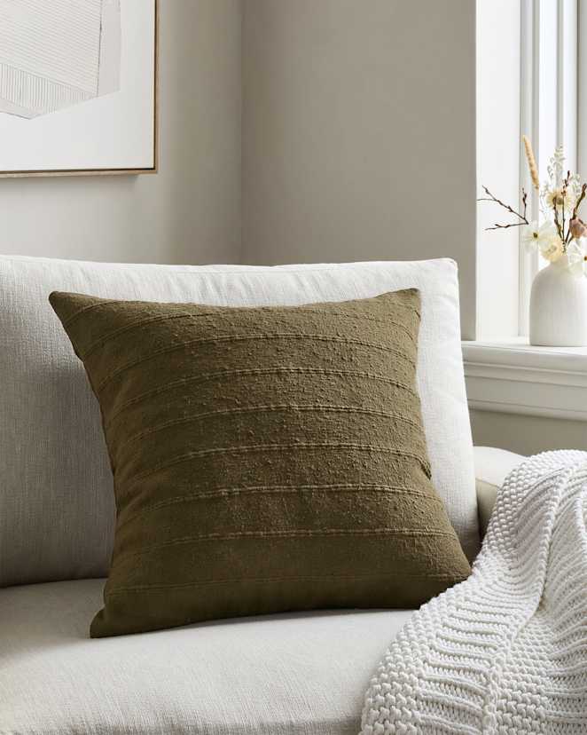 Olive Textured Striped Cotton Pillow Cover