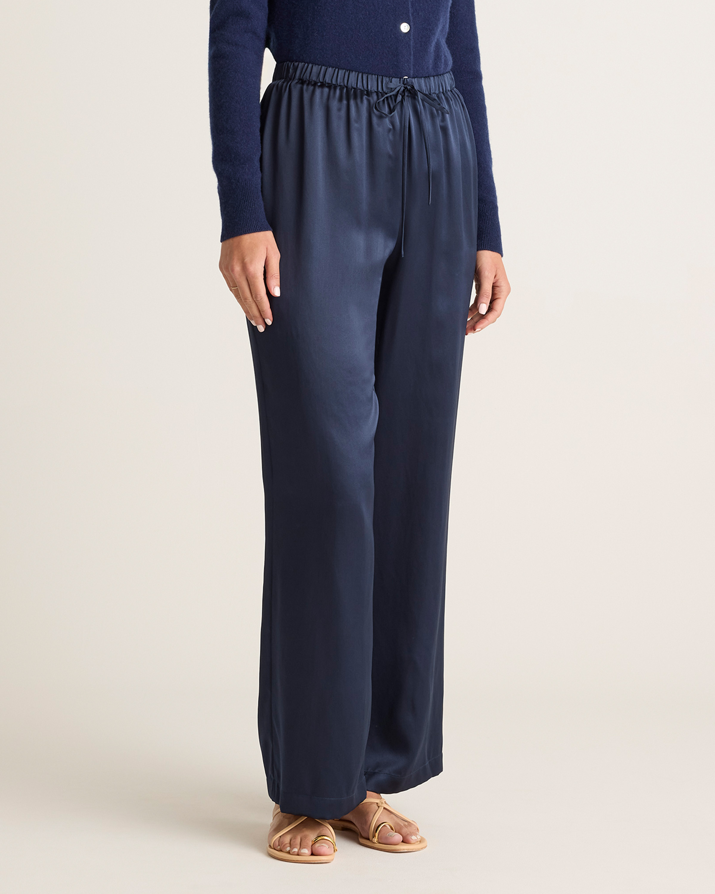 Navy Washable Silk Drawstring Wide Leg Pants