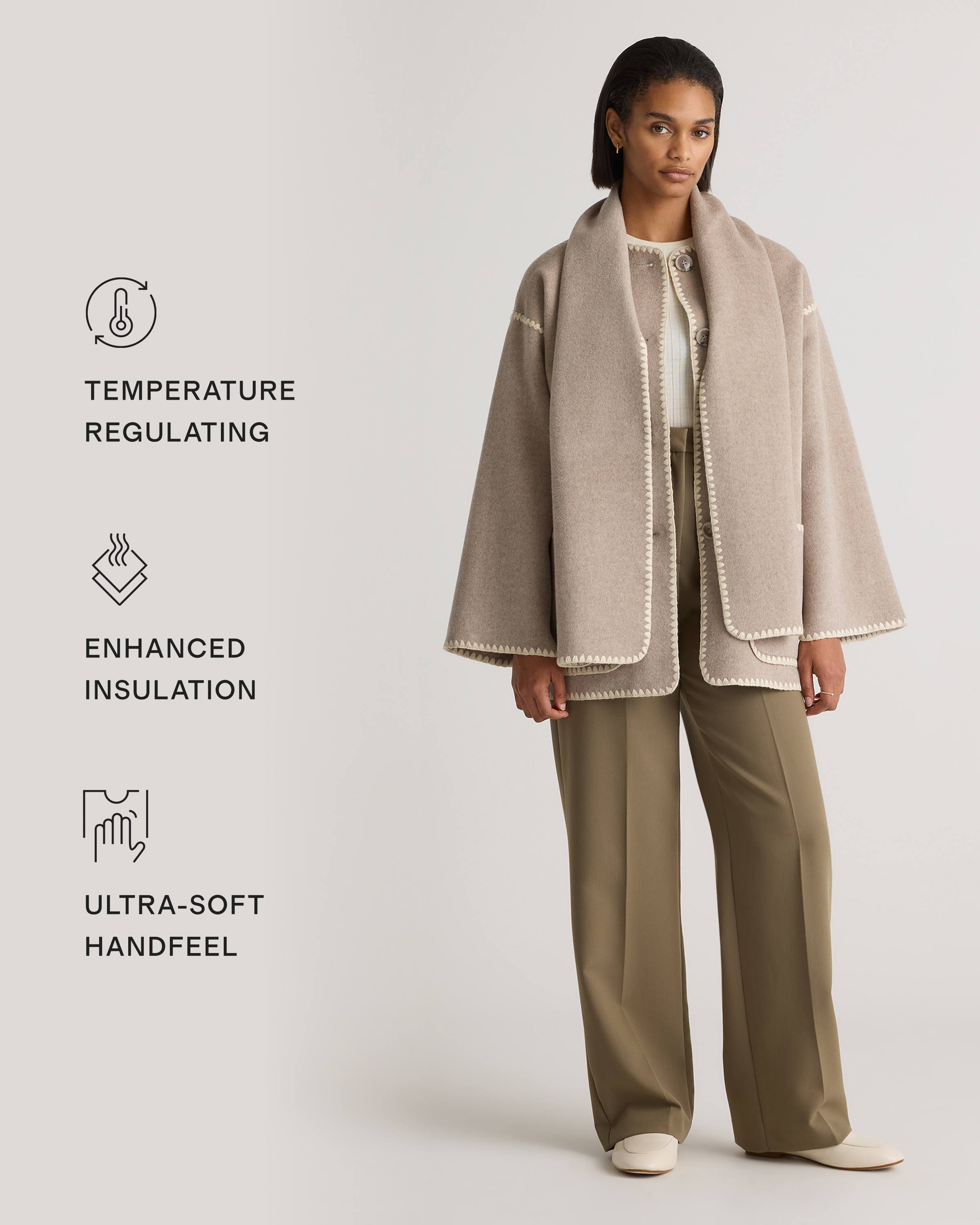 Double-Faced Merino Wool Scarf Coat in Oat