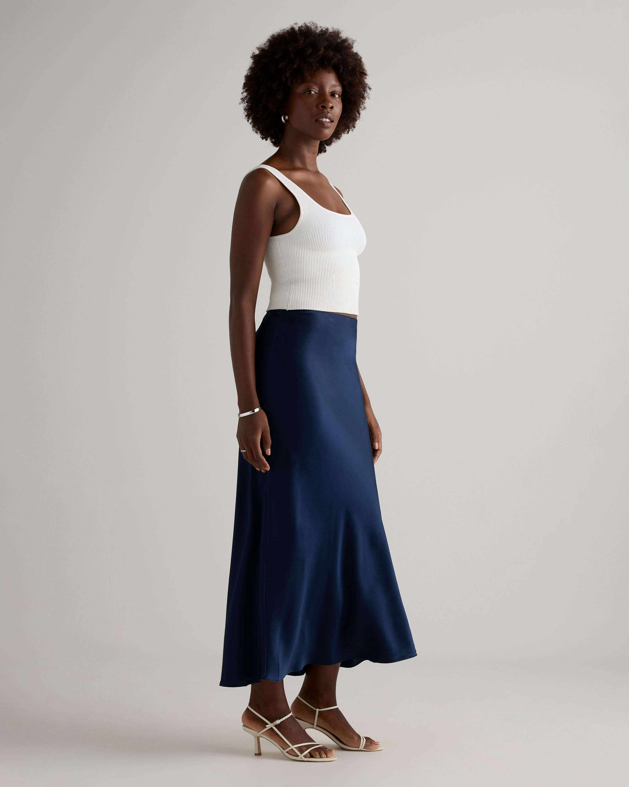 100% Washable Silk Maxi Skirt in Navy