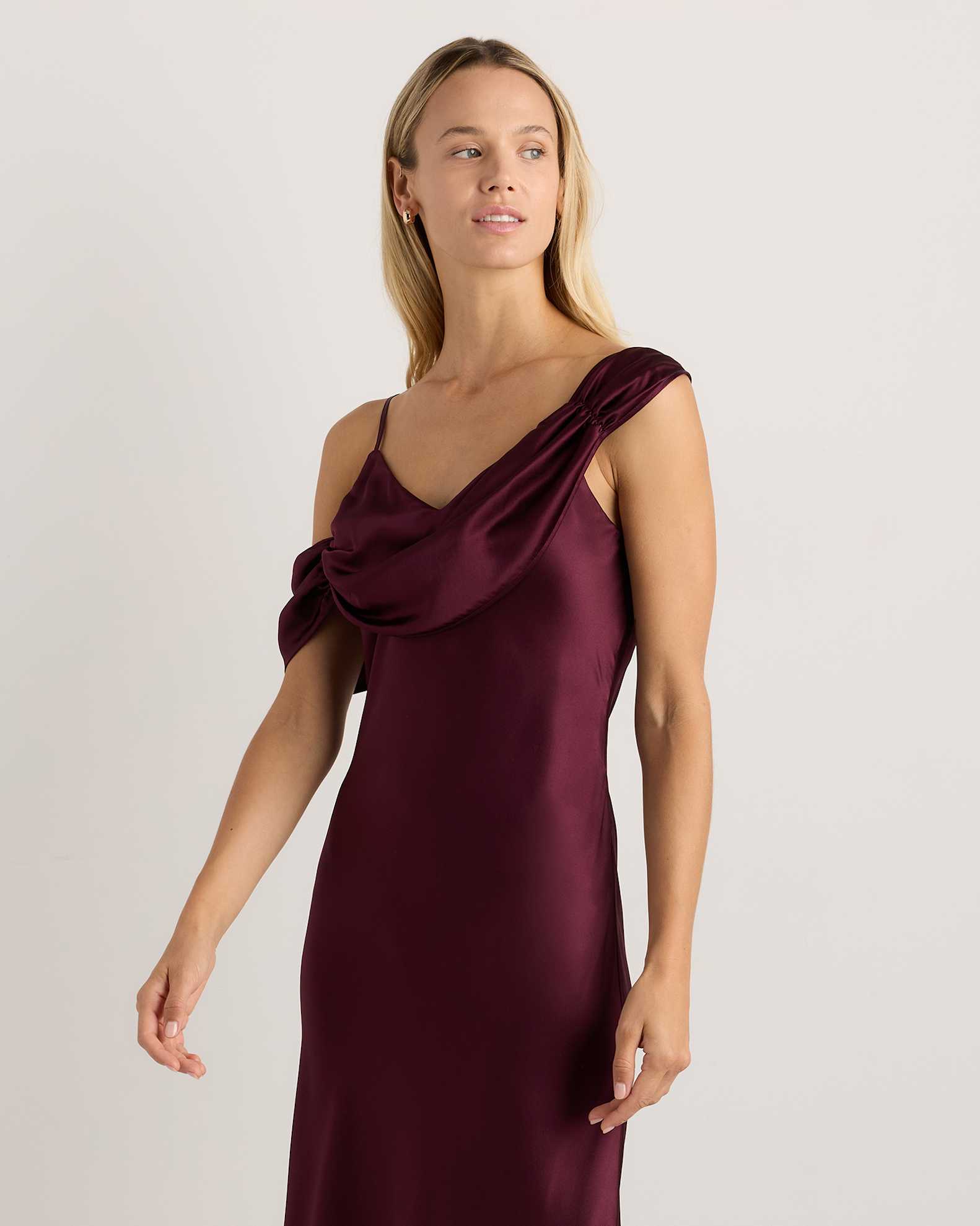 100% Washable Silk Draped Shoulder Maxi Dress in Wine Tasting Red 100% Washable Silk Draped Shoulder Maxi Dress in Wine Tasting Red