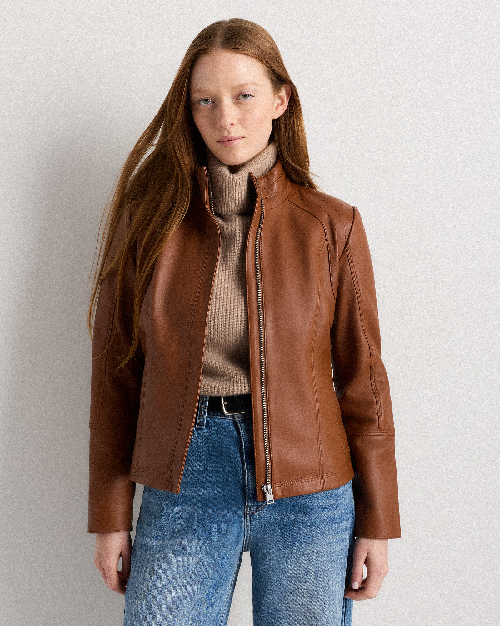Dark Cognac Brown 100% Leather Stand-Collar Jacket