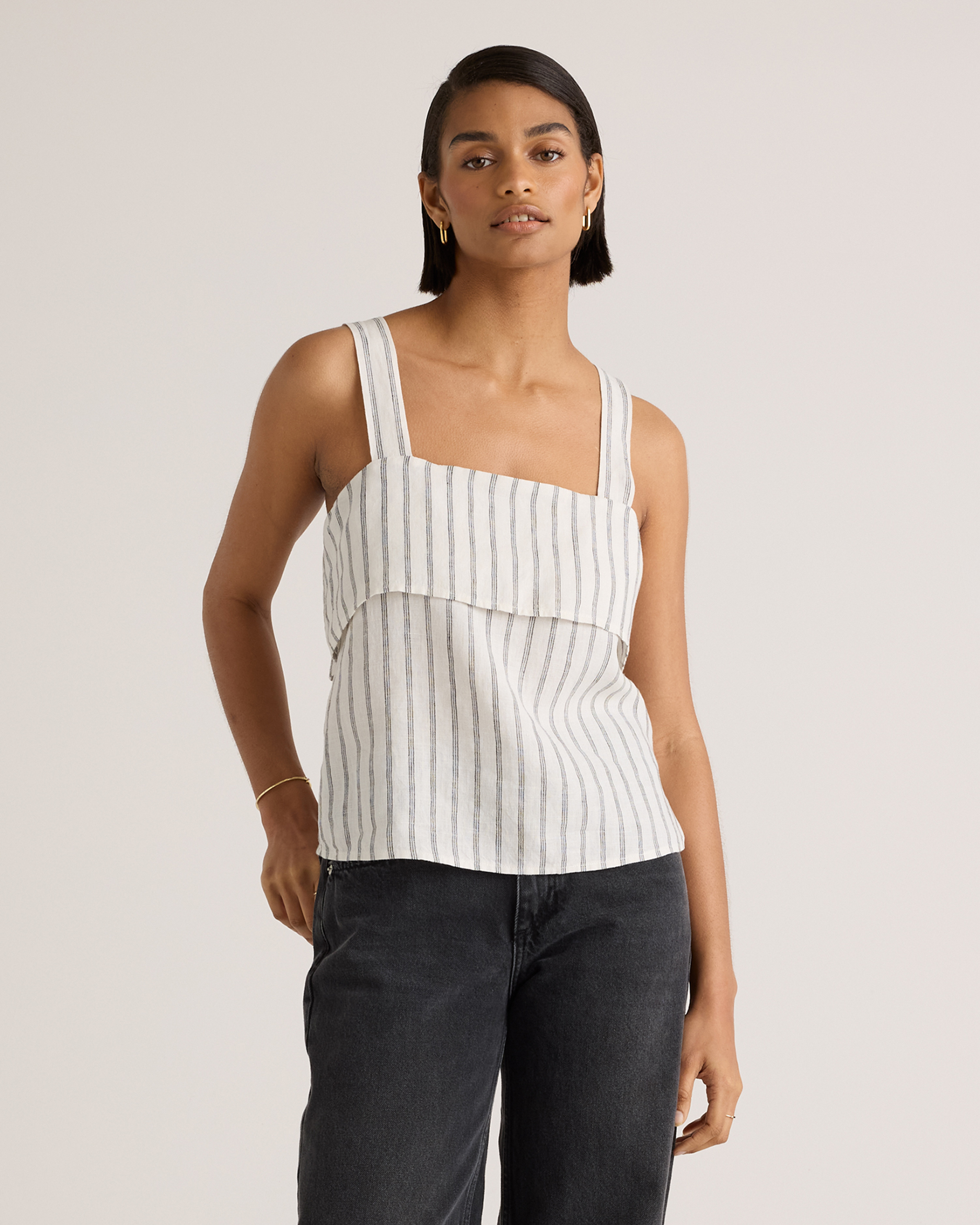 Oatmeal / Black Stripe 100% European Linen Square Neck Tank