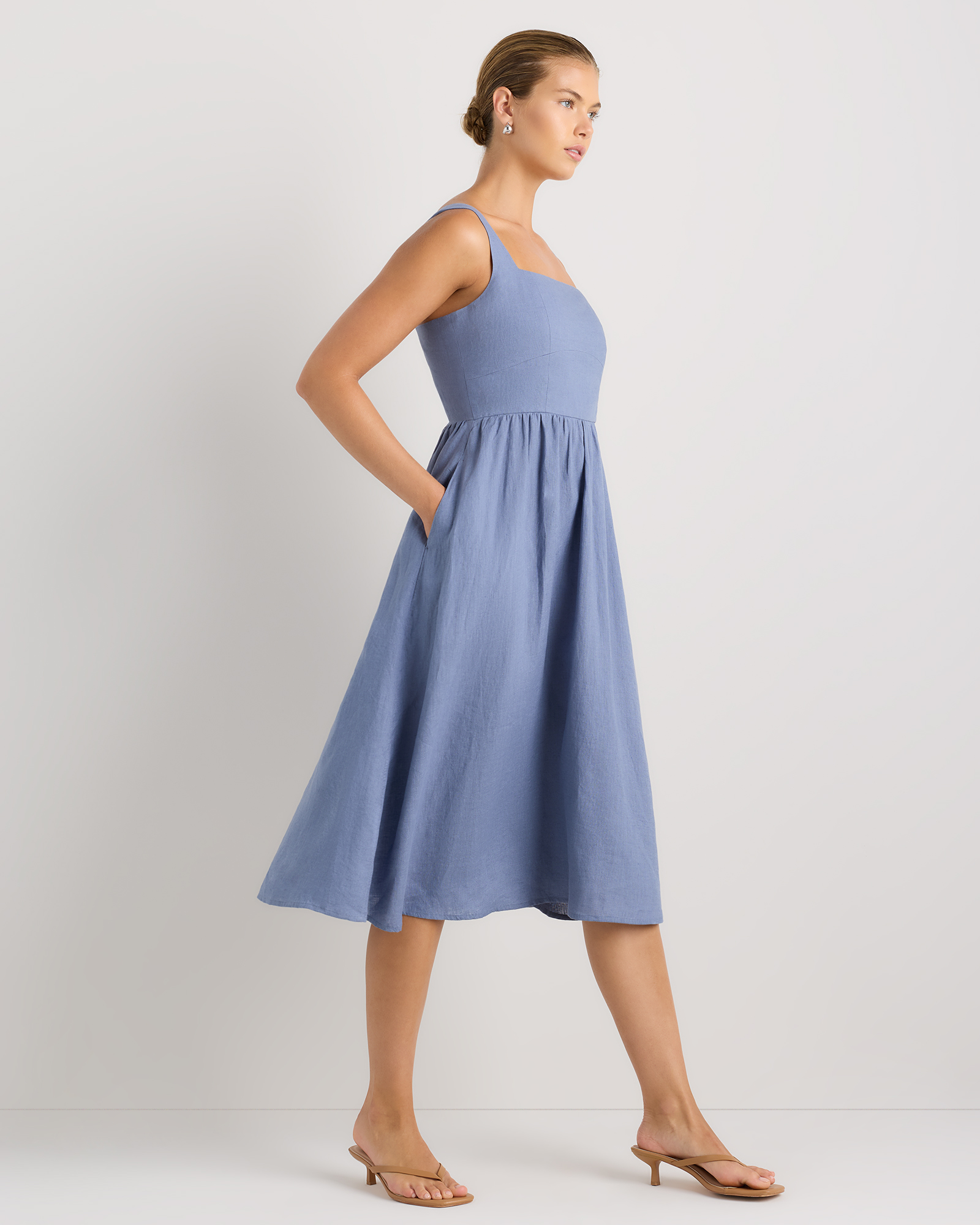 Women's 100% European Linen Fit & Flare Midi Dress in Moonstone Blue, Size XS by Quince